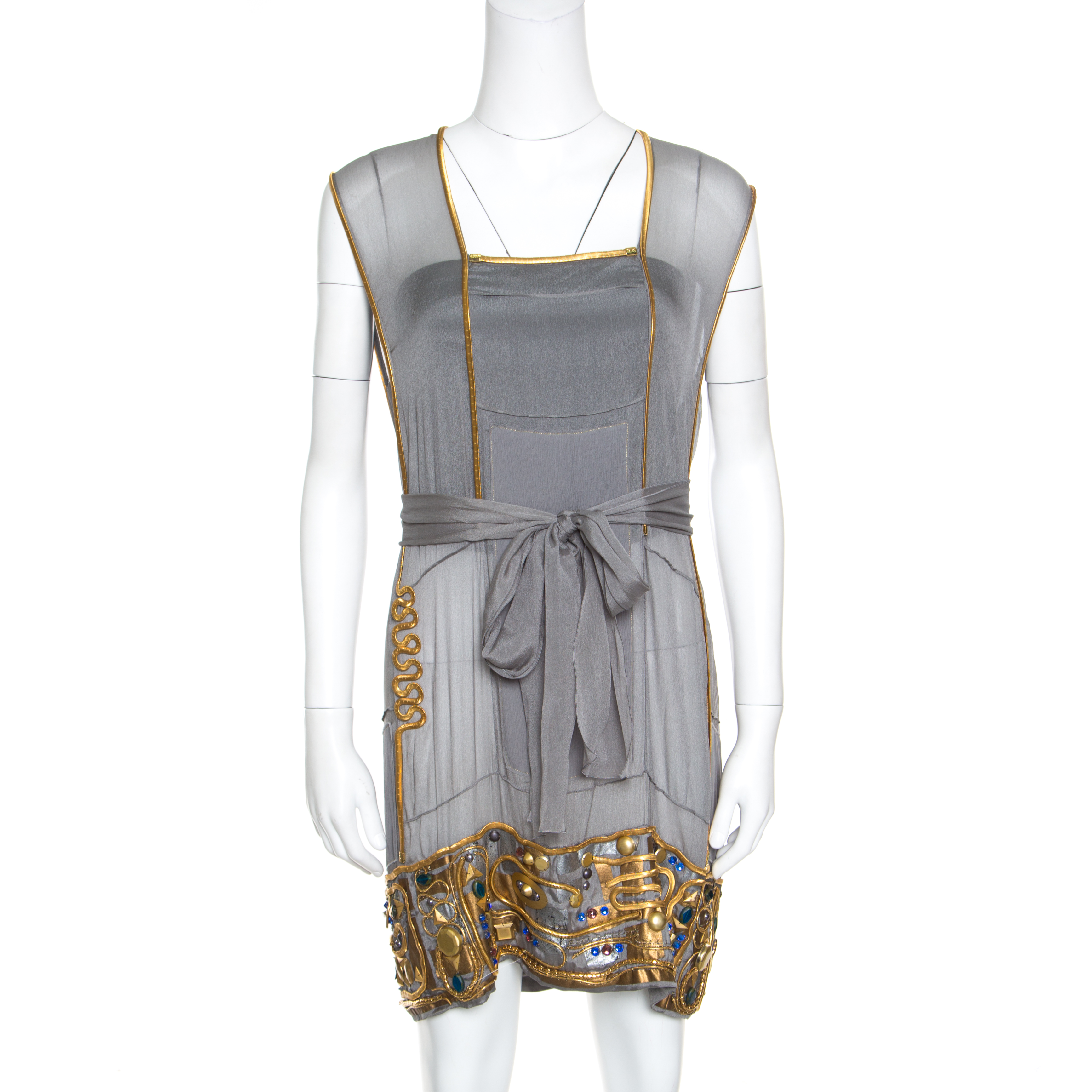 Pre Owned Yves Saint Laurent Grey Sheer Silk Egyptian Style Embellished Tunic M