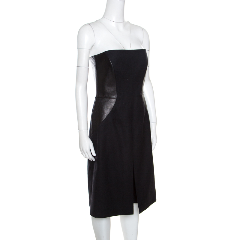 

Yves Saint Laurent Black Wool Leather Paneled Strapless Playsuit Dress