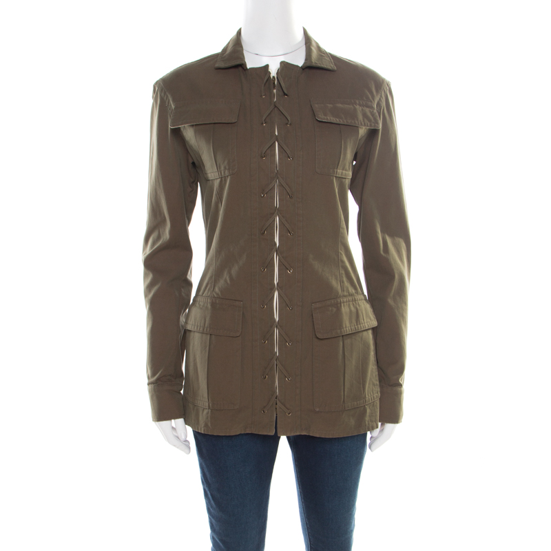 Pre Owned Saint Laurent Paris Khaki Green Cotton Lace Up Detail Safari Jacket M