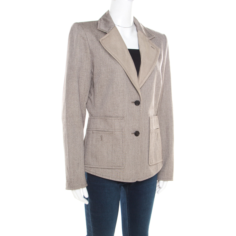 

Yves Saint Laurent Paris Brown and White Textured Cotton Contrast Lapel Blazer