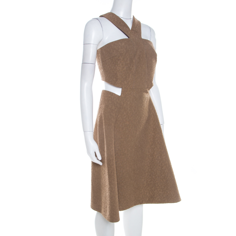 

Yves Saint Laurent Brown Textured Cotton Cut Out Detail Flared Dress