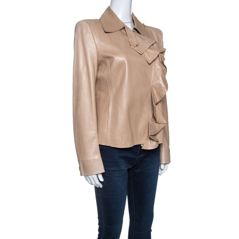 

Yves Saint Laurent Beige Leather Ruffle Detail Jacket