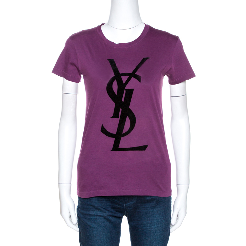 Pre Owned Yves Saint Laurent Purple Cassandre Logo Applique Cotton T-Shirt S