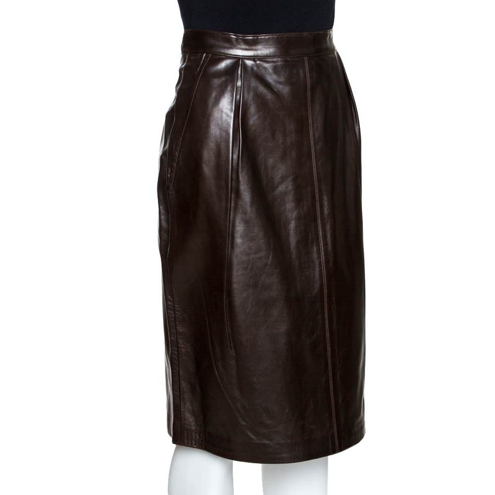 

Yves Saint Laurent Rive Gauche Brown Leather Pencil Skirt