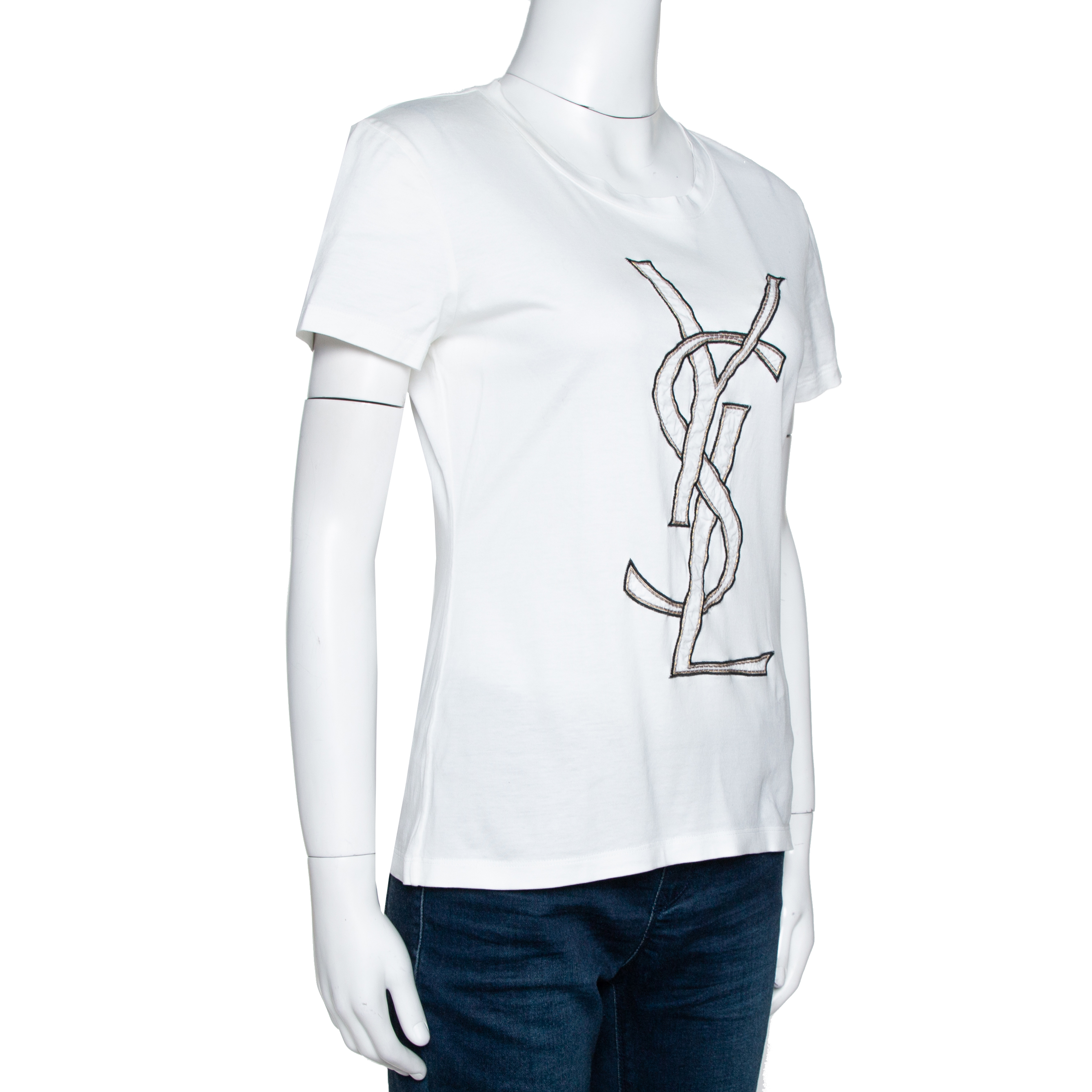 Yves Saint Laurent White Logo Embroidered Cotton Fitted T-Shirt L Yves ...