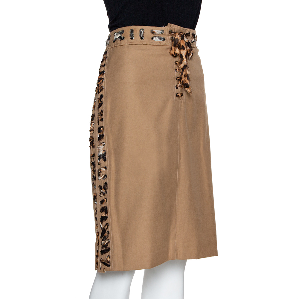 

Yves Saint Laurent Tan Cotton Leopard Print Trim Pencil Skirt