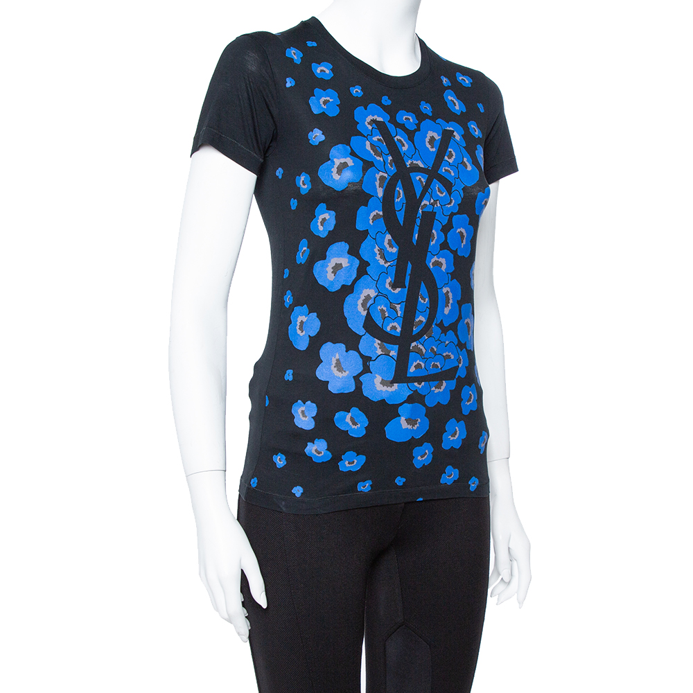 

Yves Saint Laurent Black Floral Logo Print Cotton T-Shirt