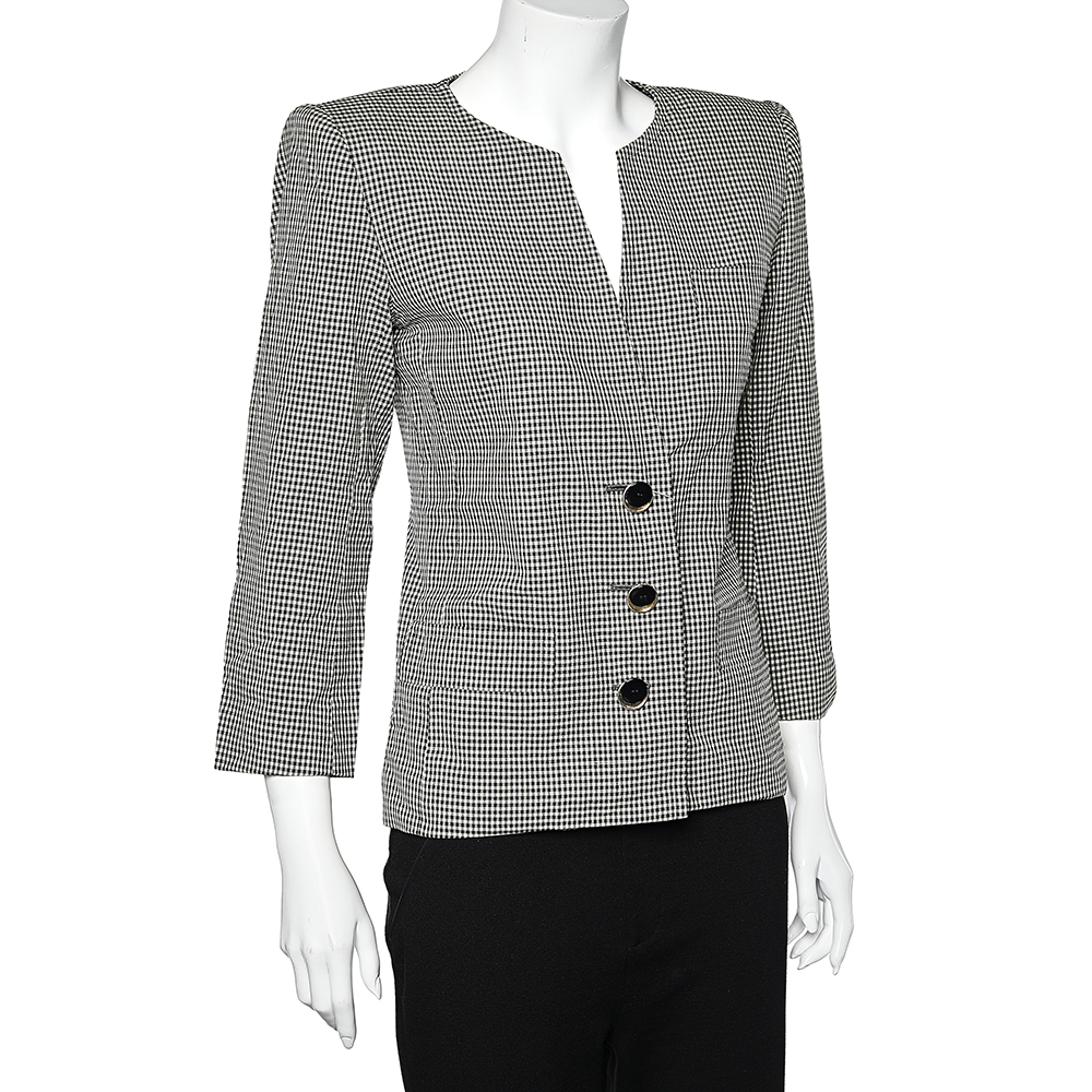 

Yves Saint Laurent Diffusion Femmes Vintage Monochrome Gingham Checkered Wool Collarless Jacket, Black