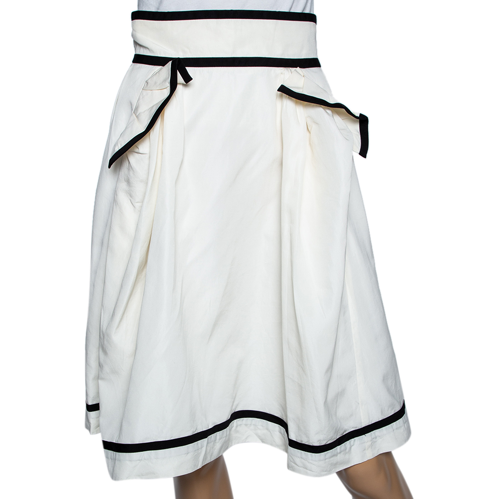 

Yves Saint Laurent Ecru Cotton Contrast Trimmed Pleated Skirt, White