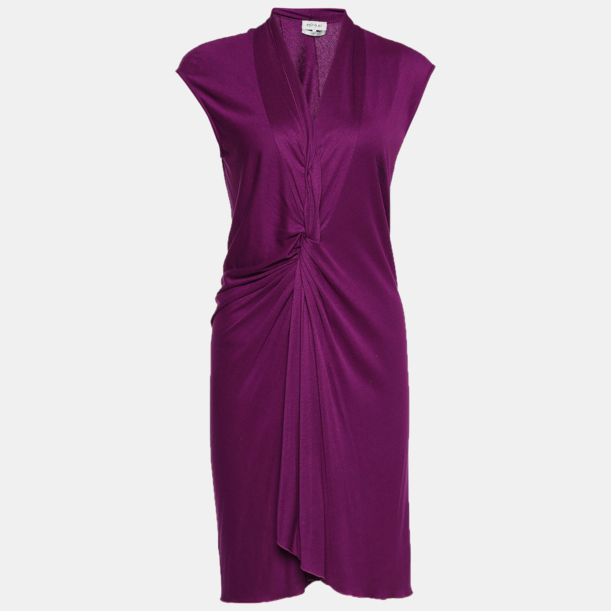 Pre-owned Saint Laurent Purple Jersey Knit Sleeveless Draped Dress S