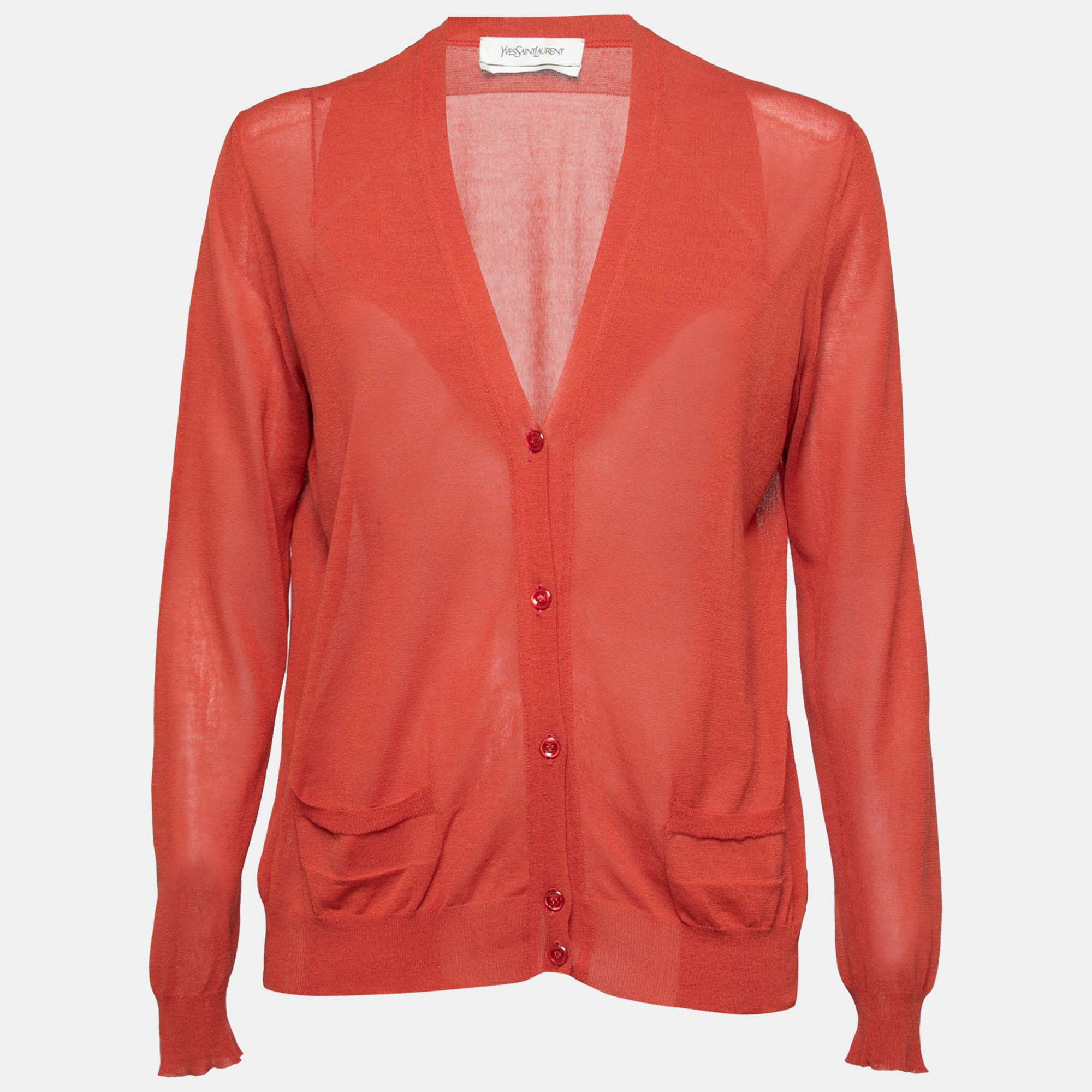 

Yves Saint Laurent Rust Orange Cotton & Silk Knit Button Front Cardigan