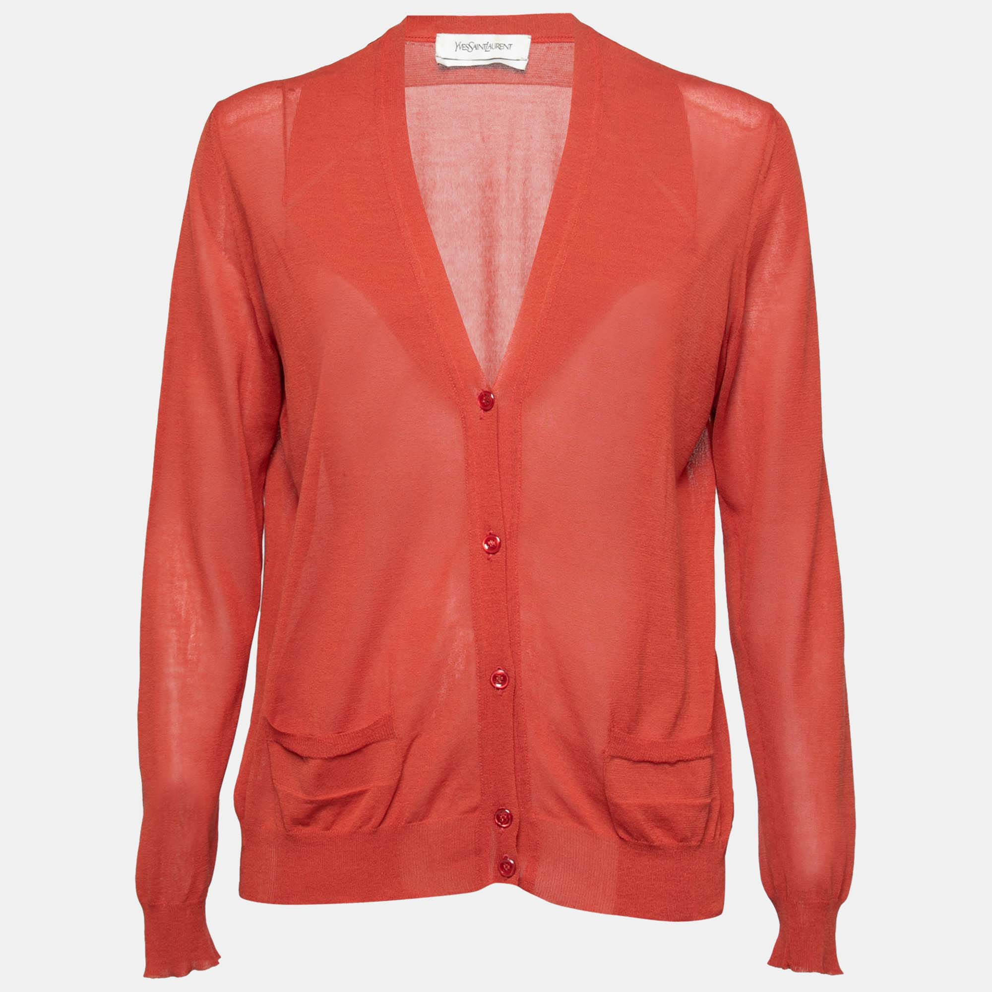 

Yves Saint Laurent Rust Orange Cotton & Silk Knit Button Front Cardigan L