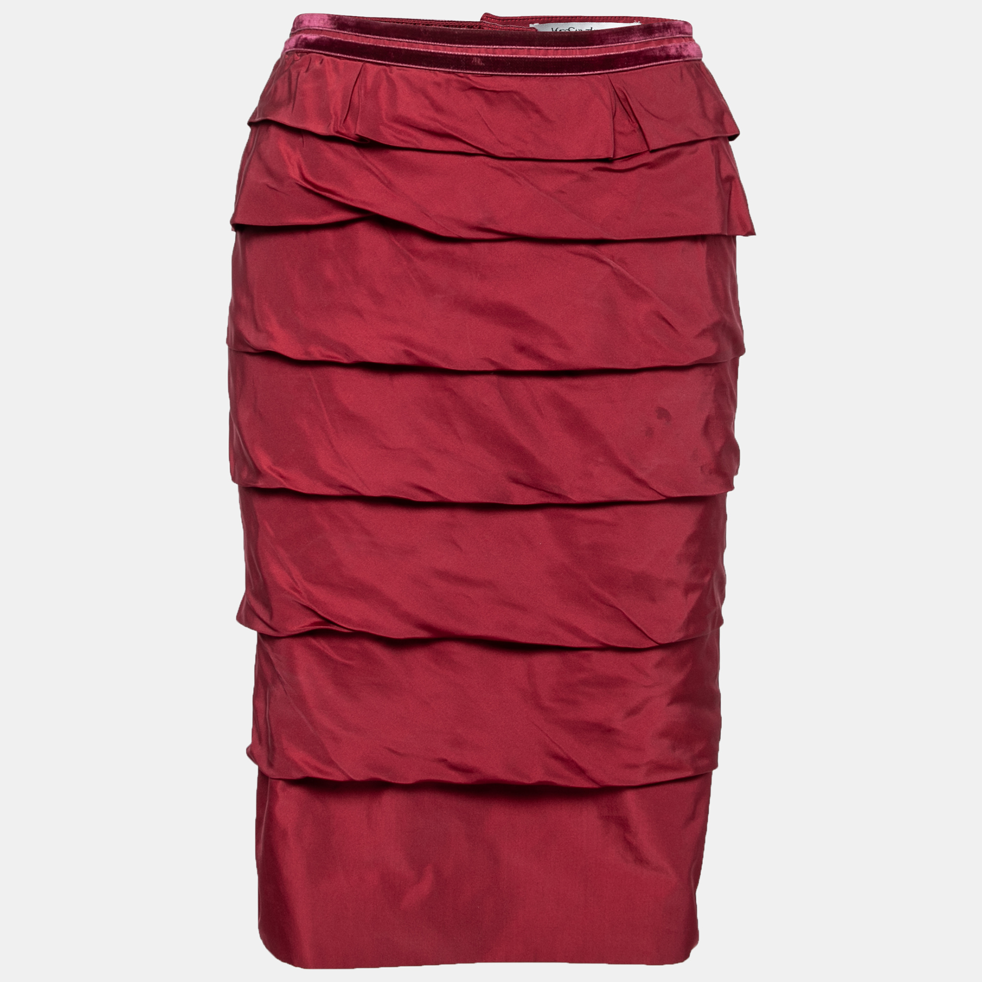 Pre-owned Saint Laurent Vintage Red Silk Tiered Pencil Skirt M