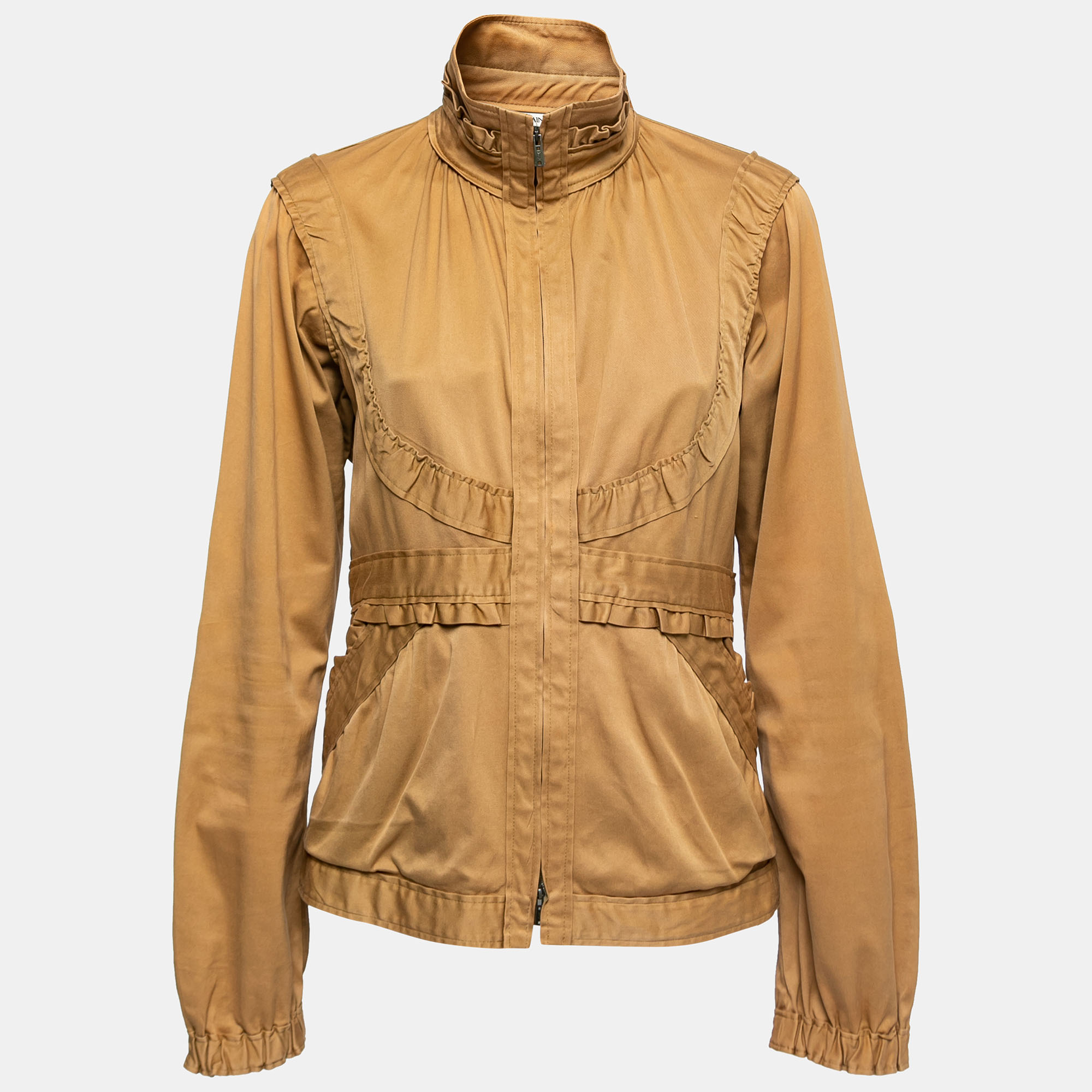 Pre-owned Saint Laurent Tan Brown Cotton Twill Ruffled Zip-up Jacket L