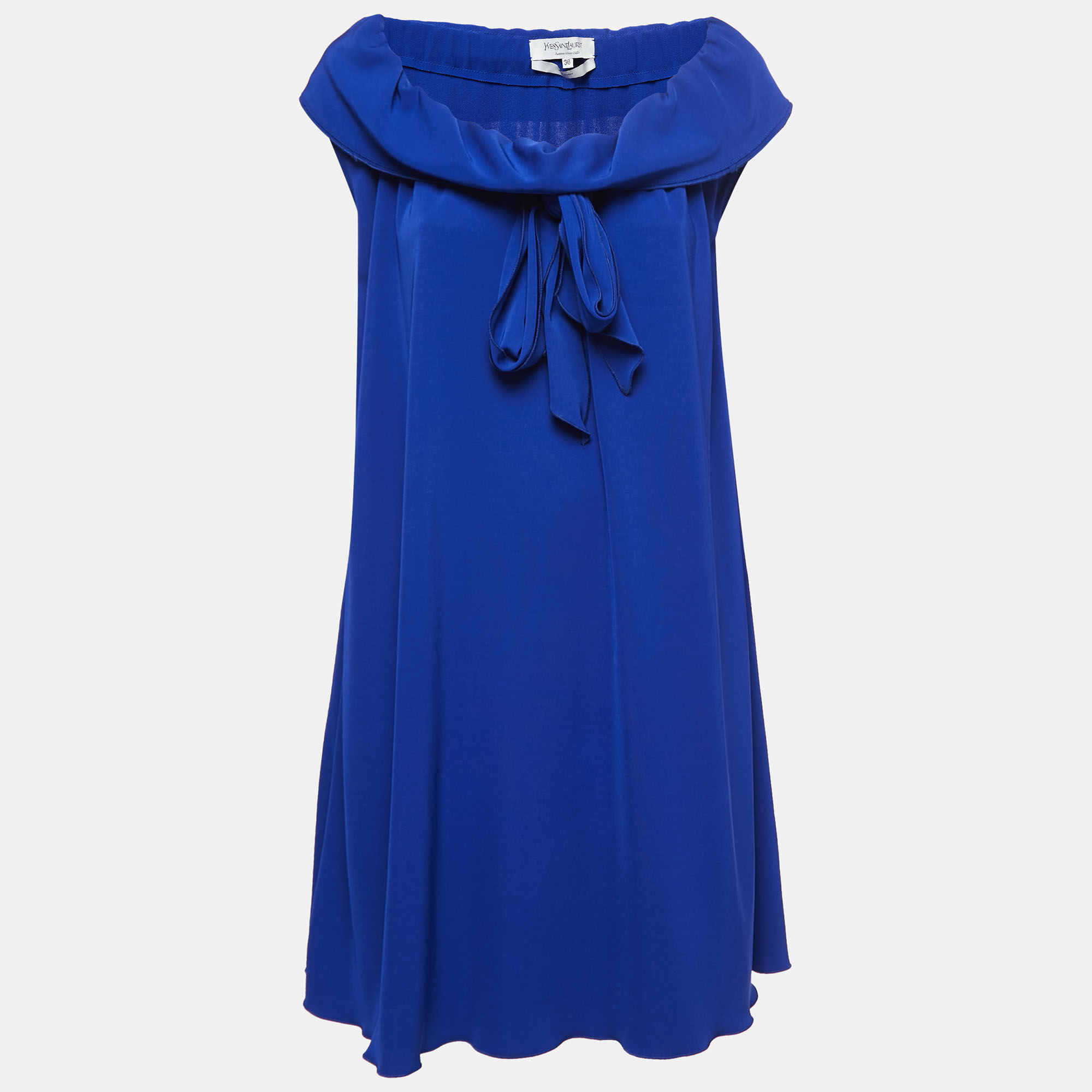 Pre-owned Saint Laurent Blue Jersey Cowl Neck Short Dress S