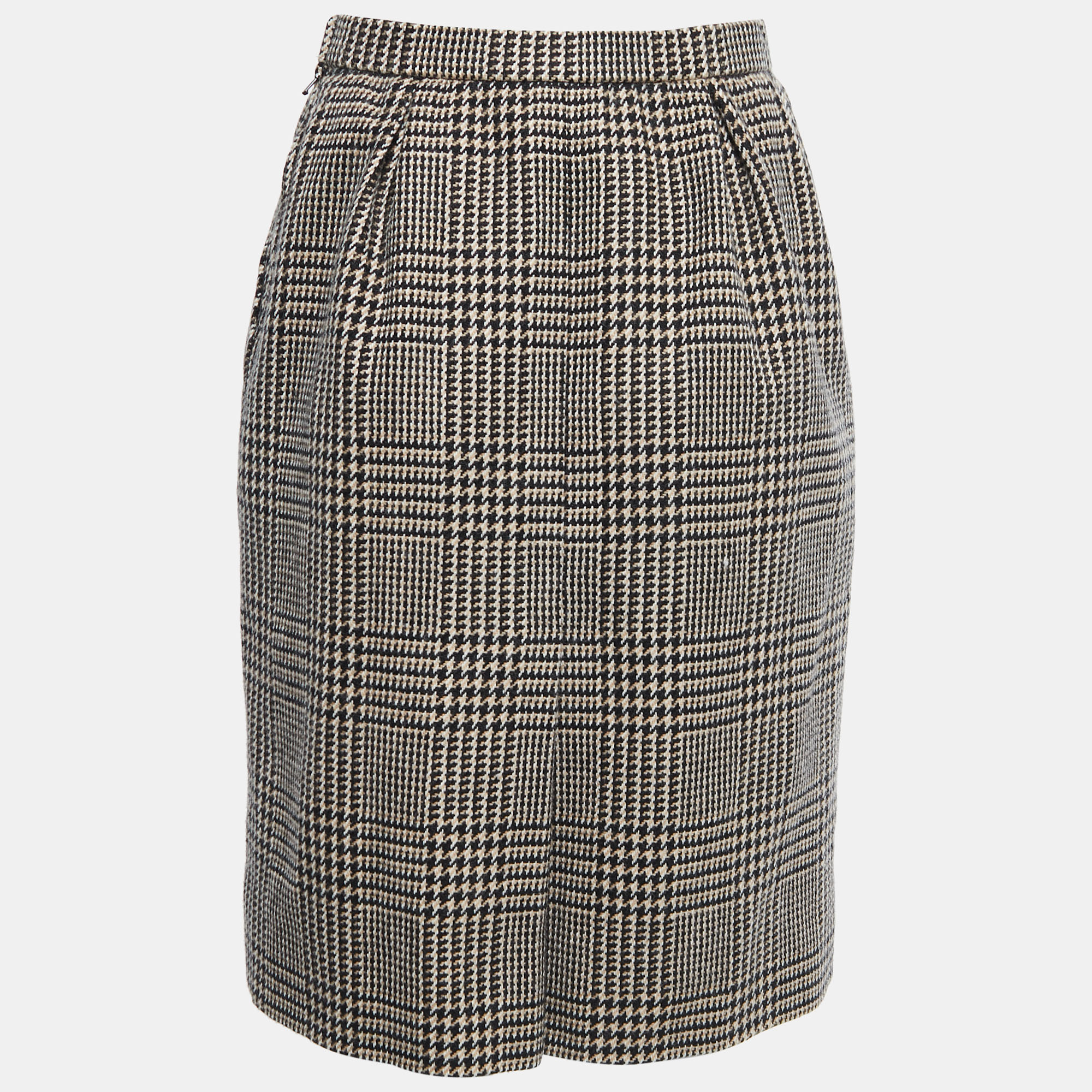 

Yves Saint Laurent Vintage Black Houndstooth Patterned Wool Knee Length Skirt, Beige