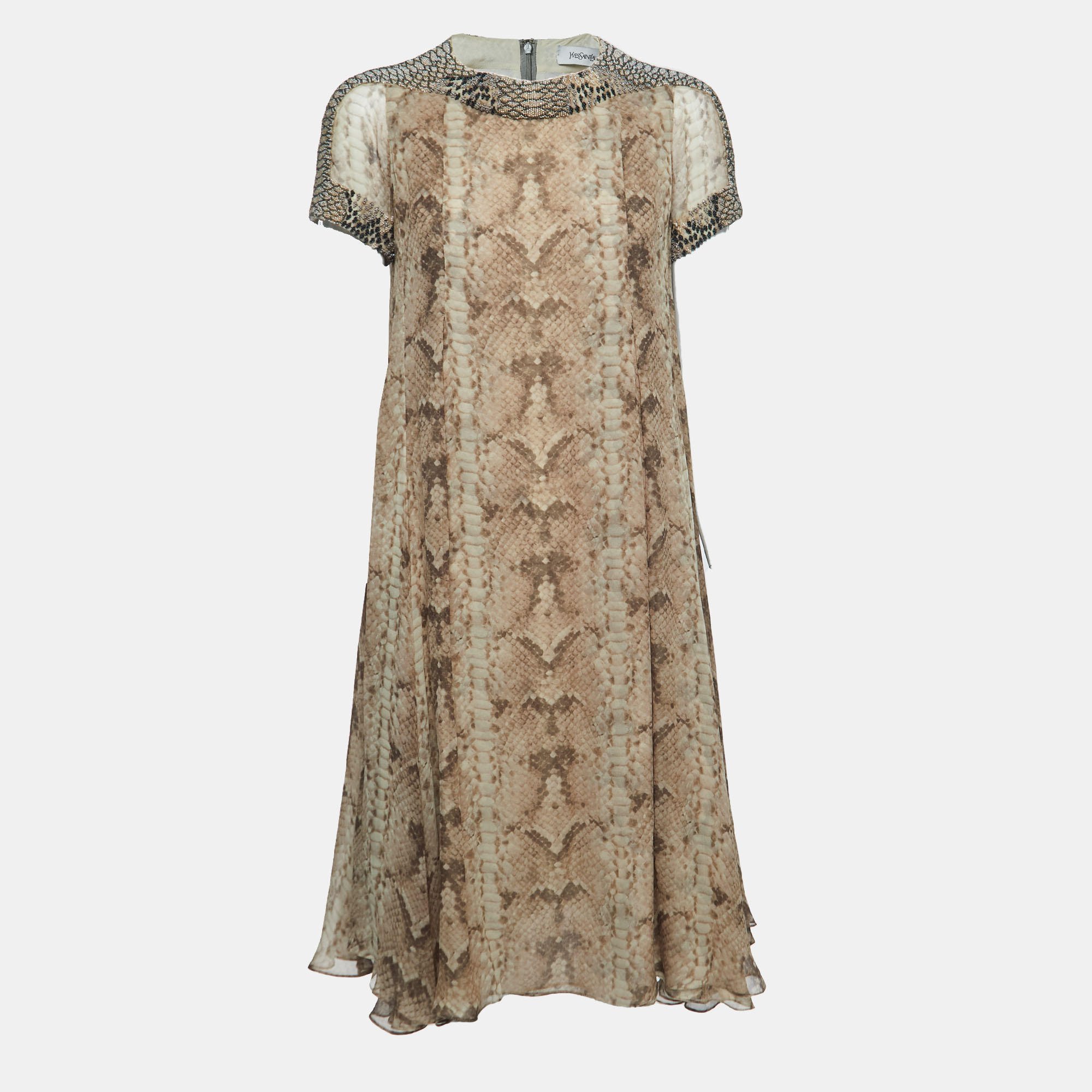 Pre-owned Saint Laurent Brown Snake Print Silk Sequined Short Dress M