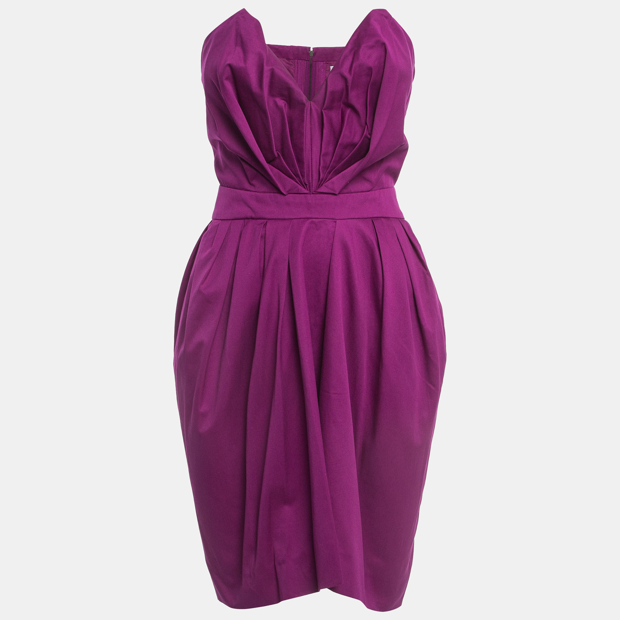 Pre-owned Saint Laurent Yves Laurent Paris Purple Cotton Strapless Pleated Mini Dress S