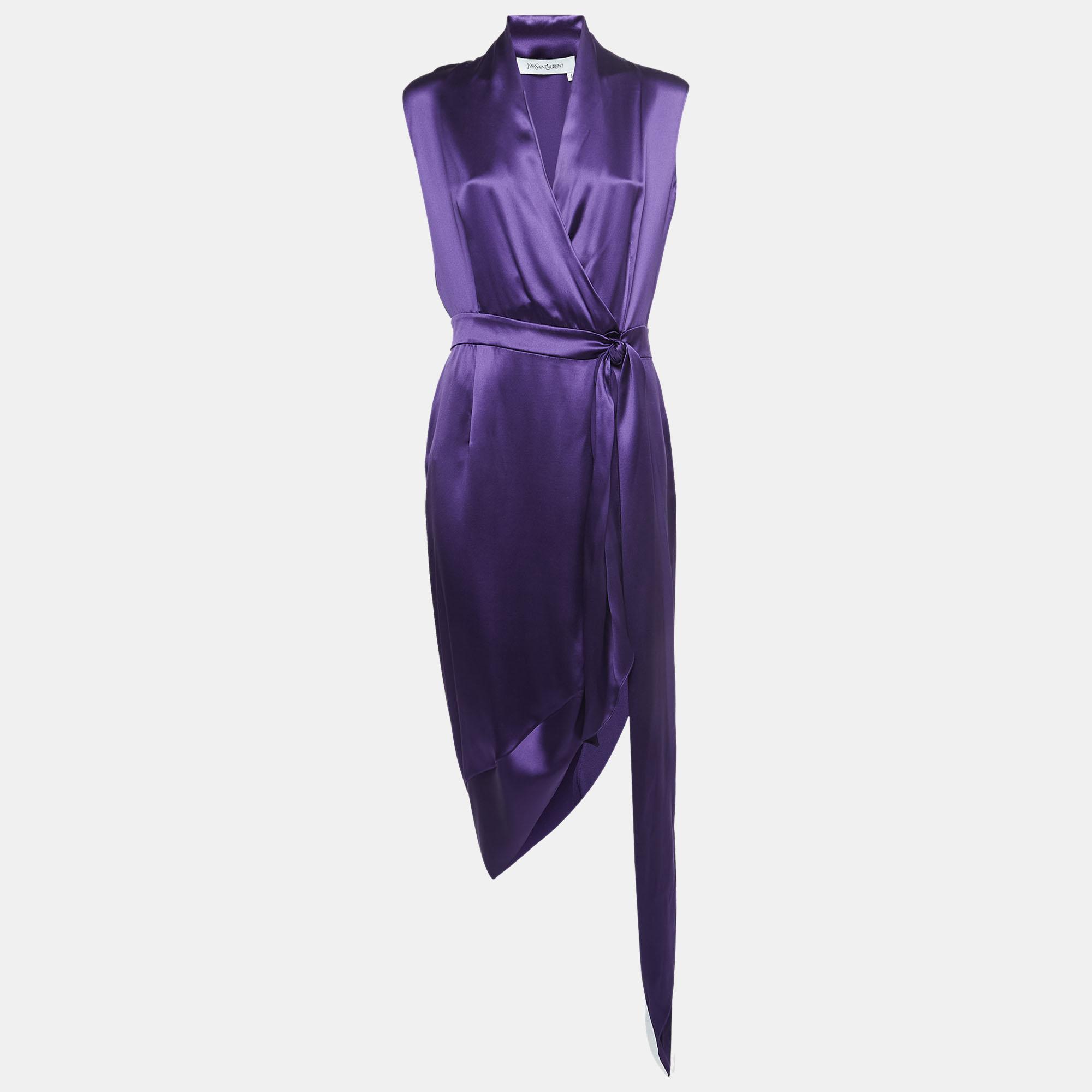 

Yves Saint Laurent Purple Draped Satin Sleeveless Asymmetric Dress