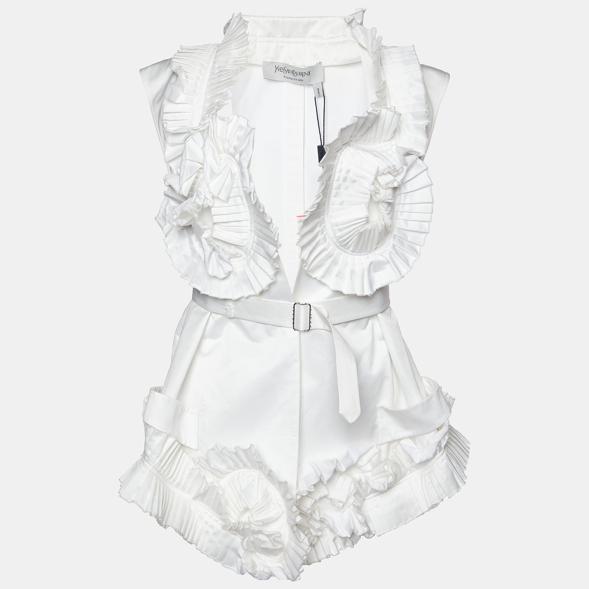 

Yves Saint Laurent White Cotton Spiral Pleat Detail Belted Vest
