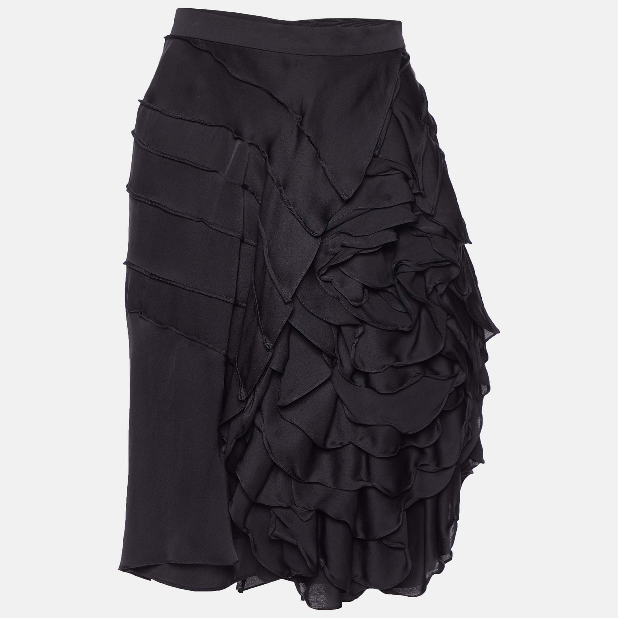 Pre-owned Saint Laurent Vintage Silk Satin Ruffled Short Skirt M In Black