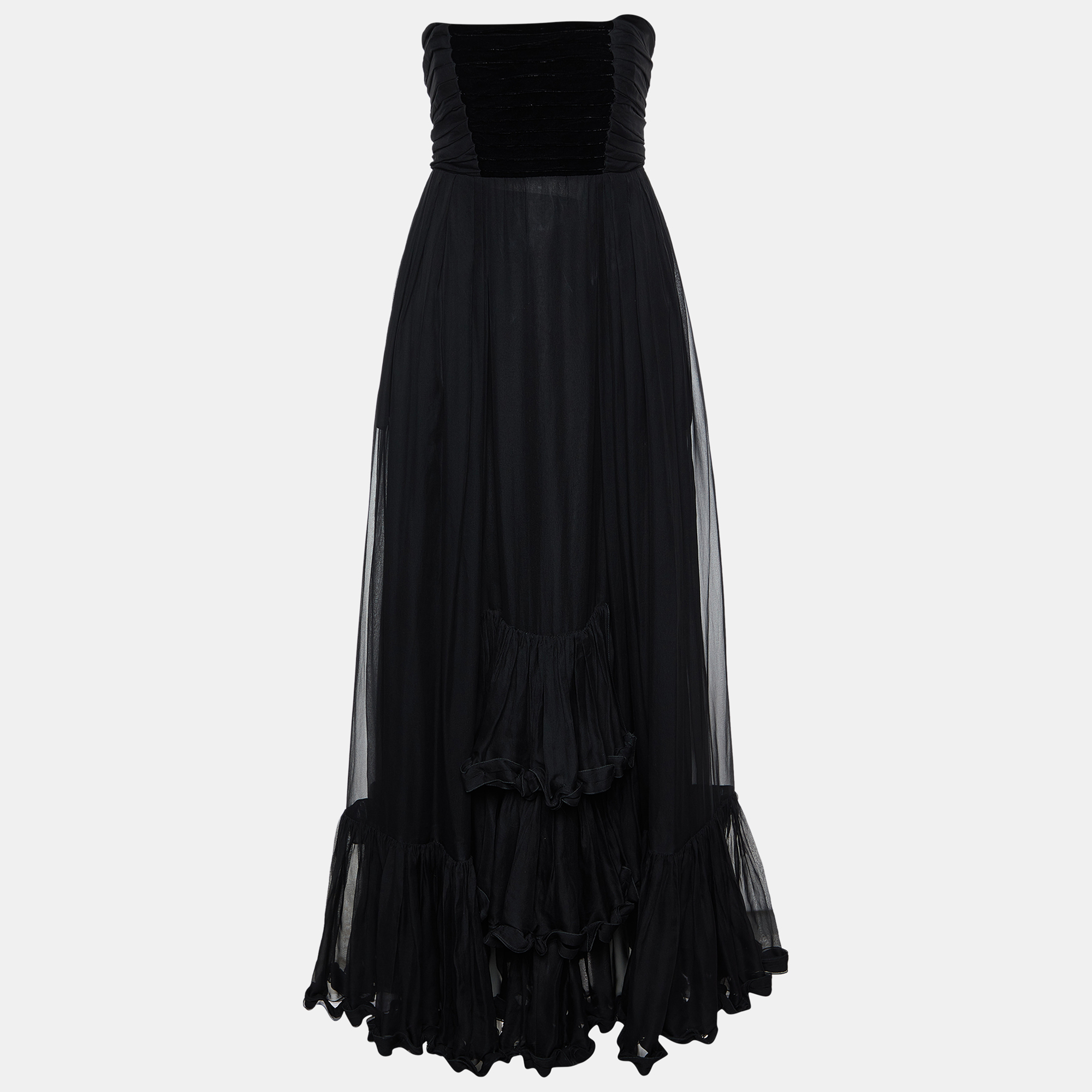 

Yves Saint Laurent Vintage Black Silk Ruffled Strapless Gown