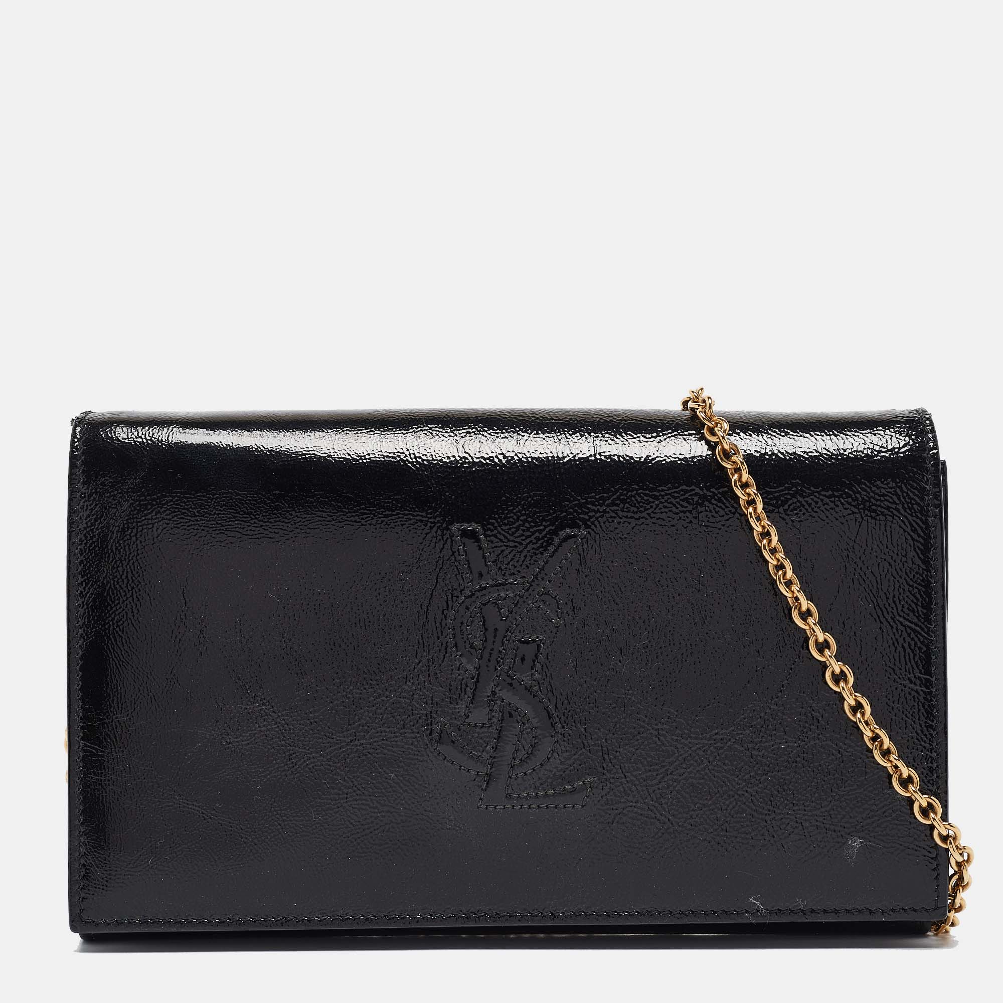 Pre-owned Saint Laurent Black Patent Leather Belle De Jour Wallet On Chain