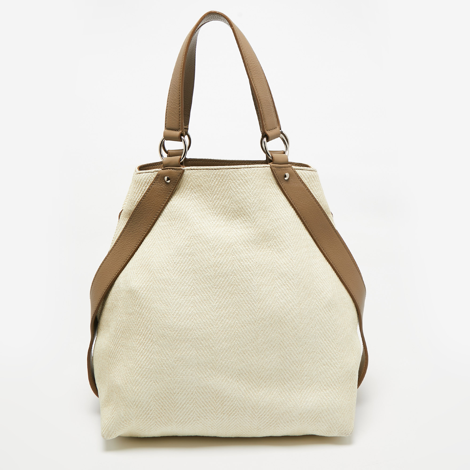 

Yves Saint Laurent Cream/Taupe Grey Leather and Raffia Snap Tote