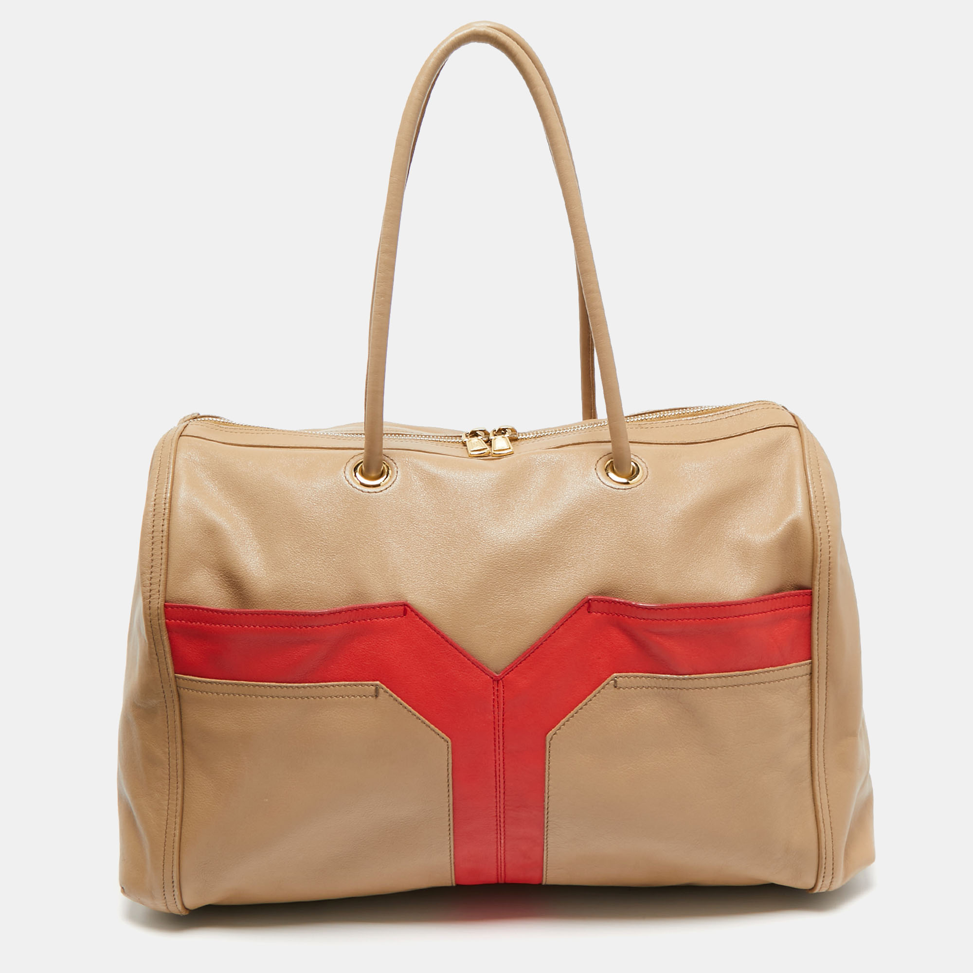 

Yves Saint Laurent Beige/Red Leather Lucky Chyc Bowler Bag