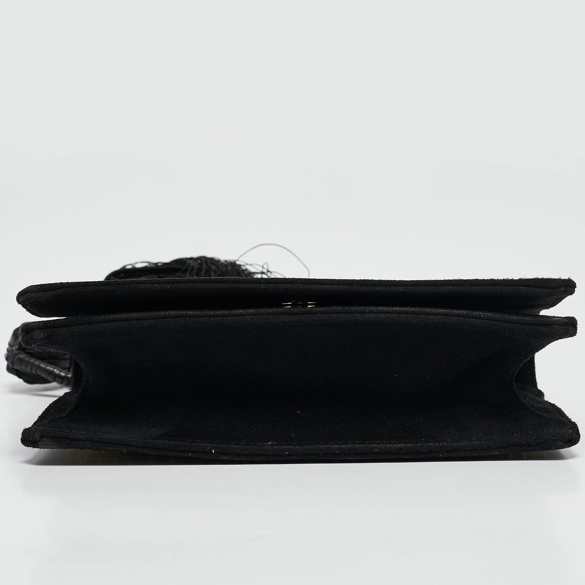 Yves Saint Laurent Black Suede Embroidered Tassel Clutch 