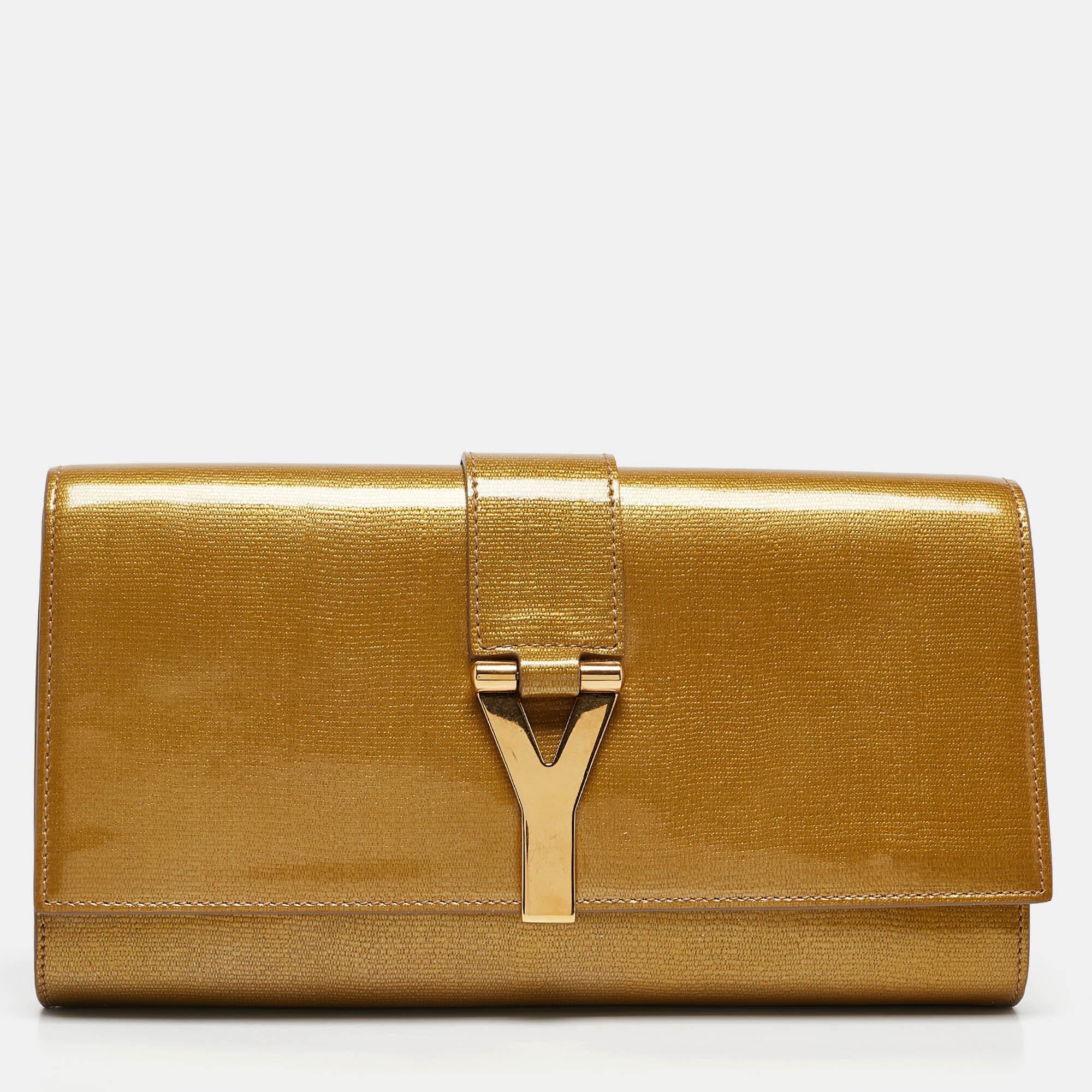 

Yves Saint Laurent Gold Patent Leather Y-Ligne Flap Clutch