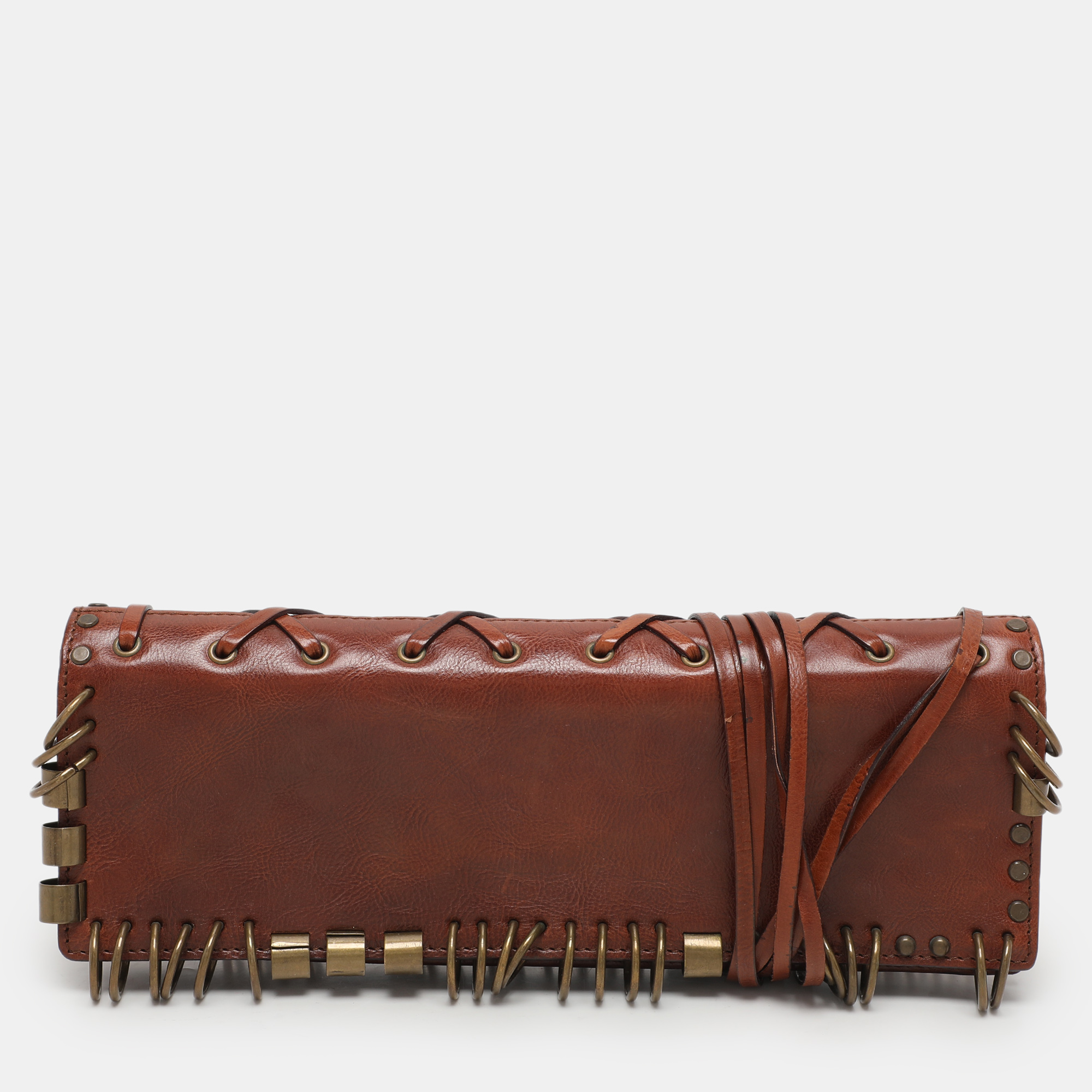 

Yves Saint Laurent Brown Leather Ring Studded Clutch