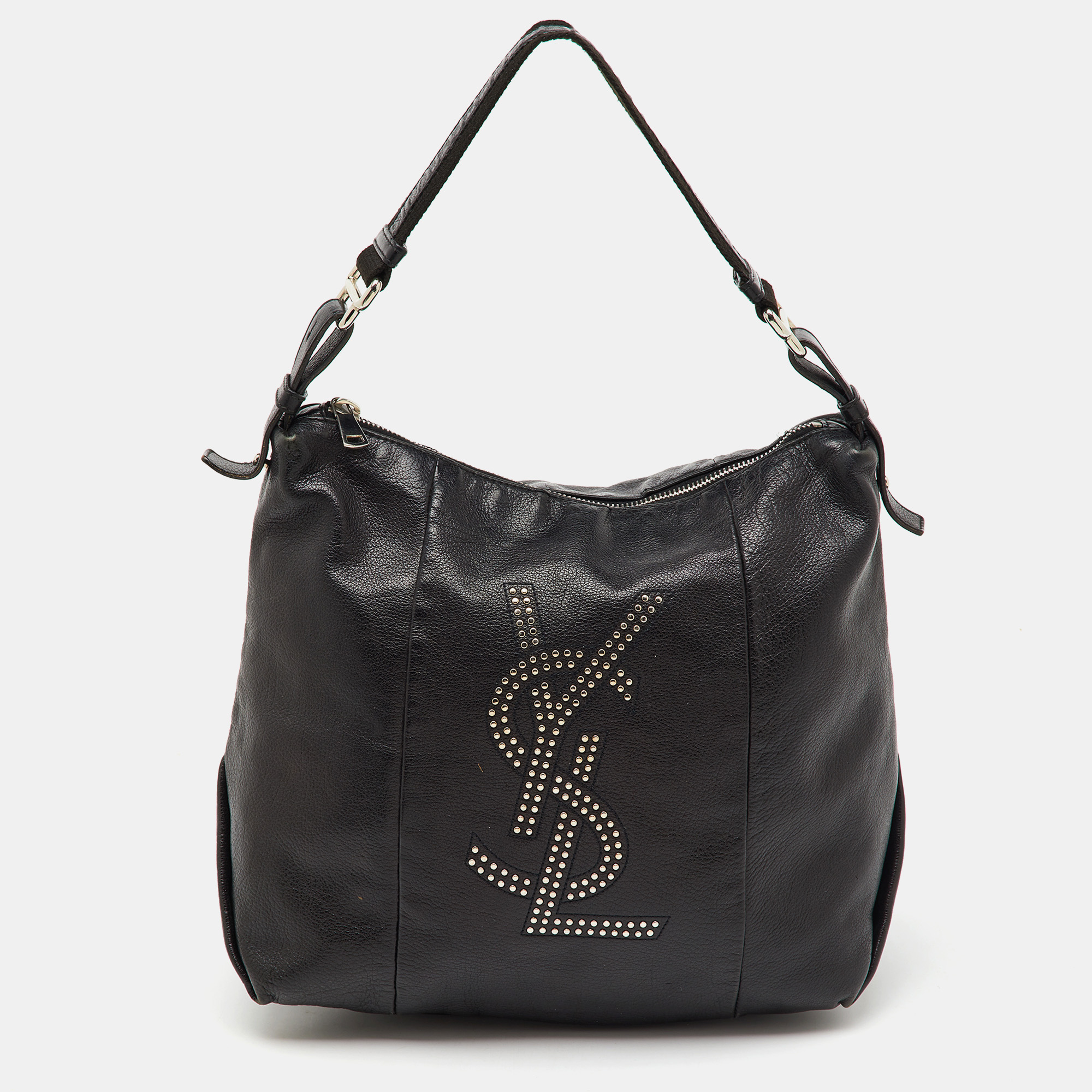 

Yves Saint Laurent Black Leather Logo Studded Hobo