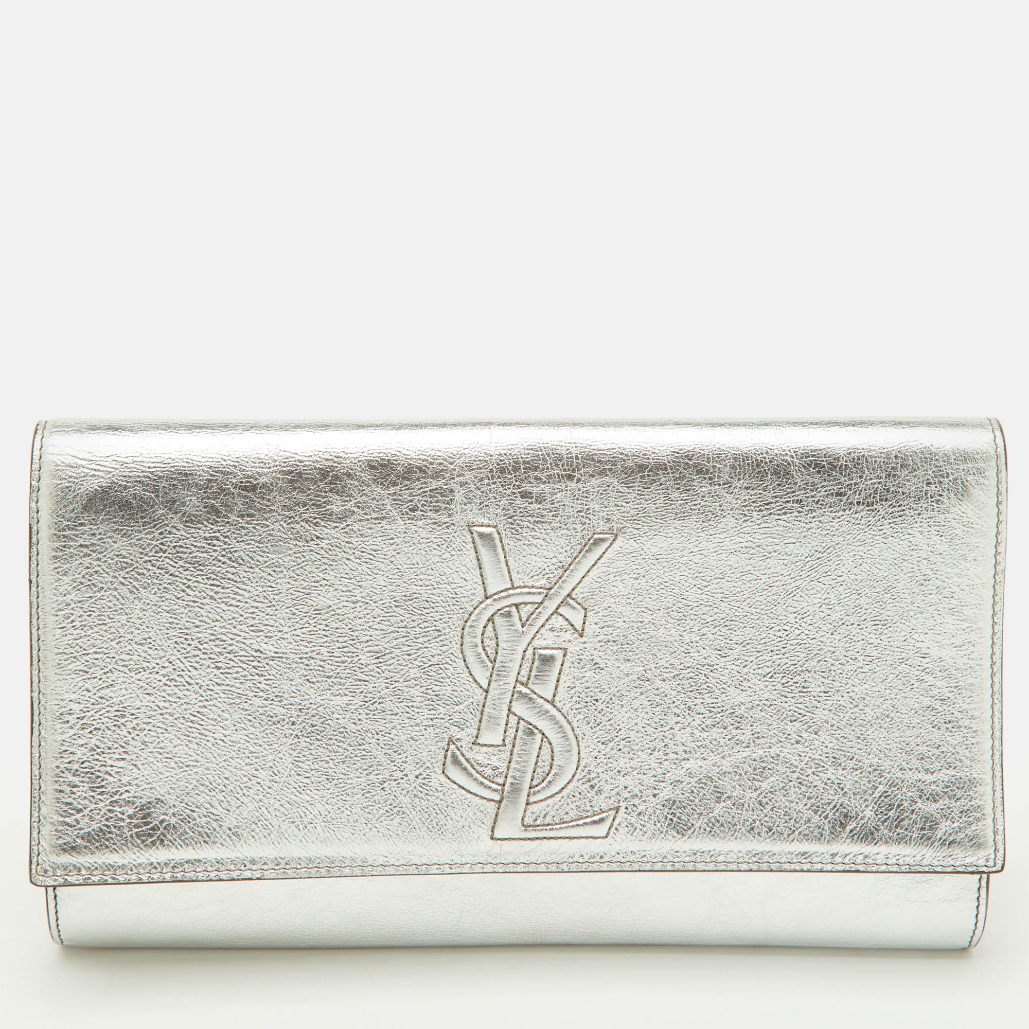 Pre-owned Saint Laurent Metallic Silver Leather Belle De Jour Flap Clutch