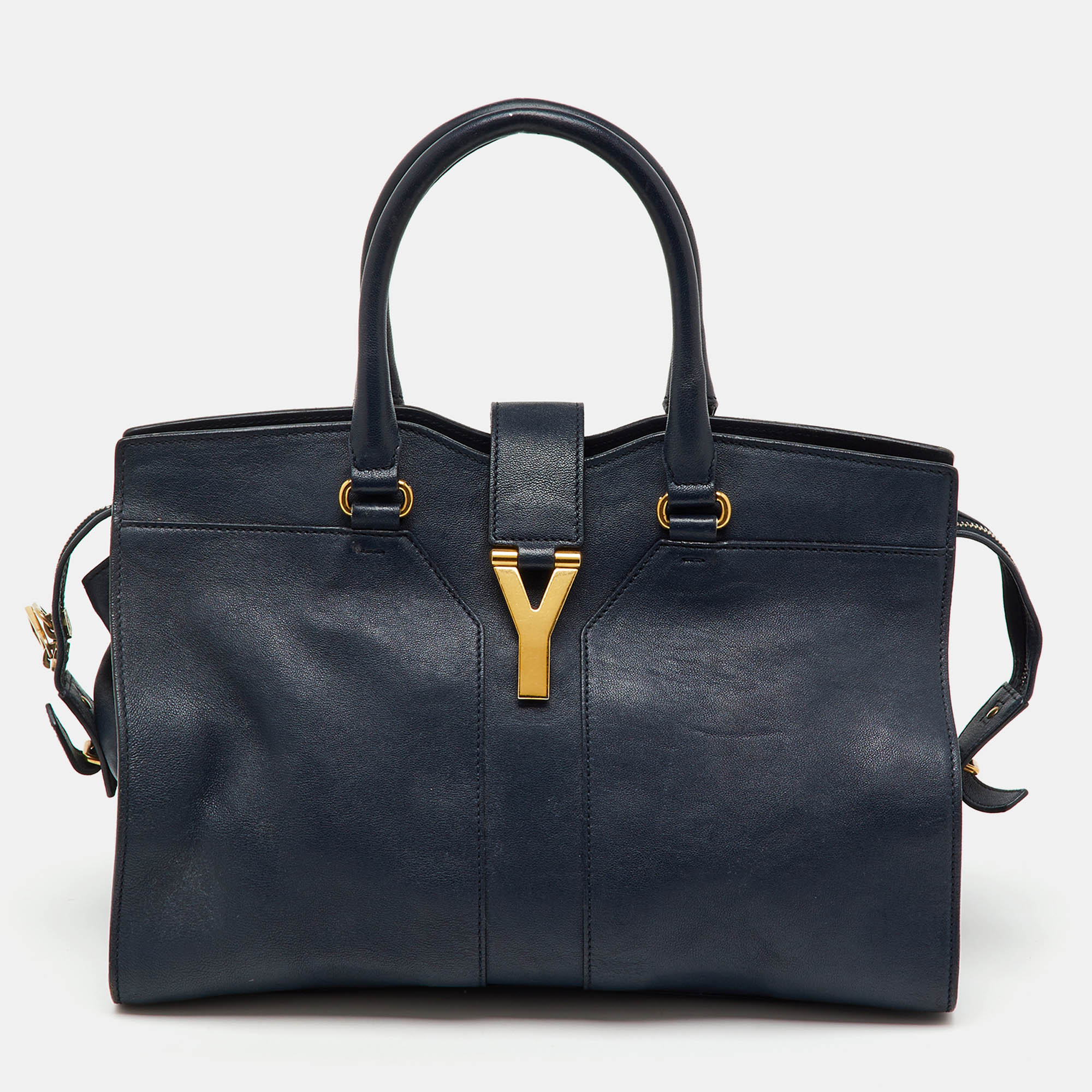 Pre-owned Saint Laurent Navy Blue Leather Medium Cabas Y-ligne Tote