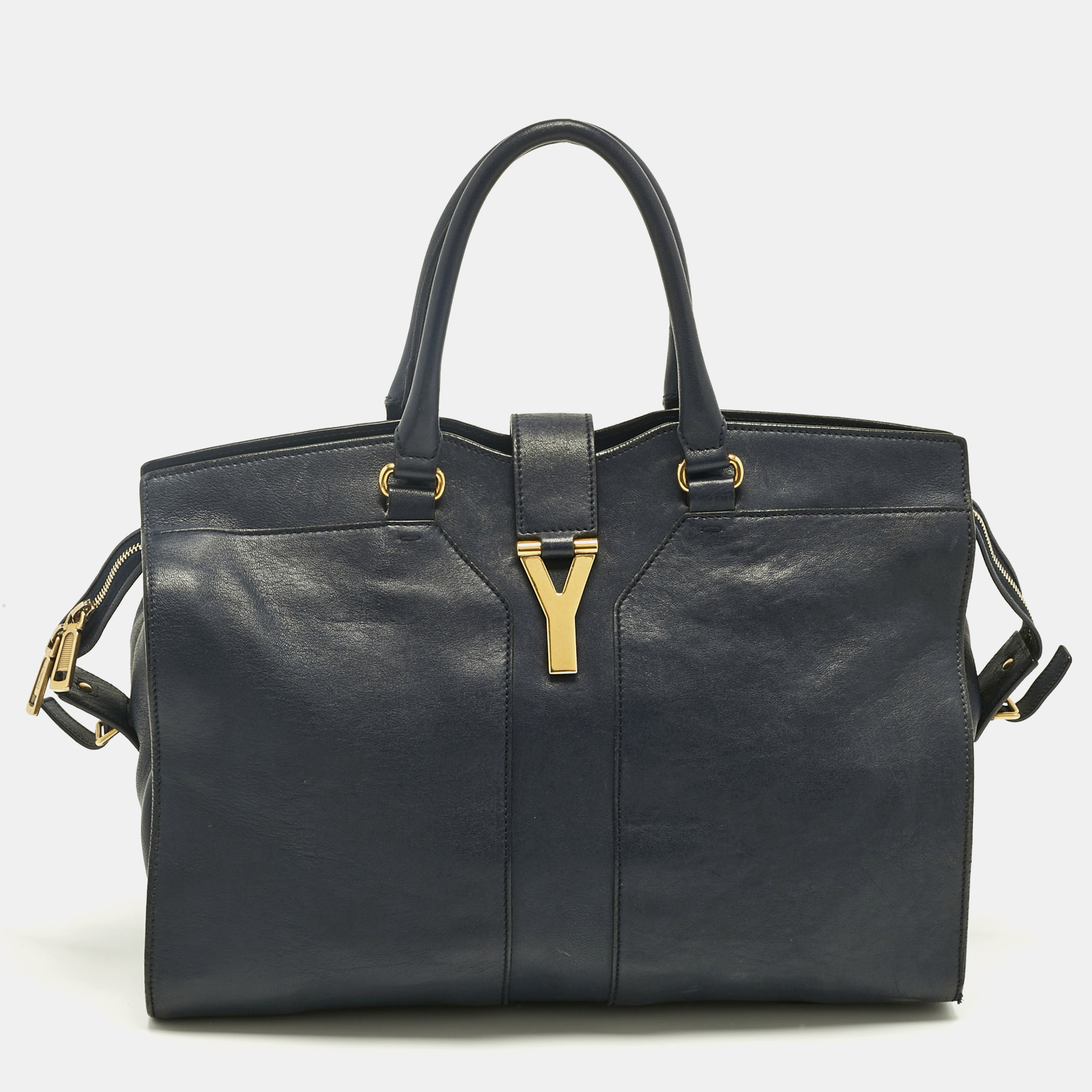 Pre-owned Saint Laurent Navy Blue Leather Large Cabas Chyc Tote