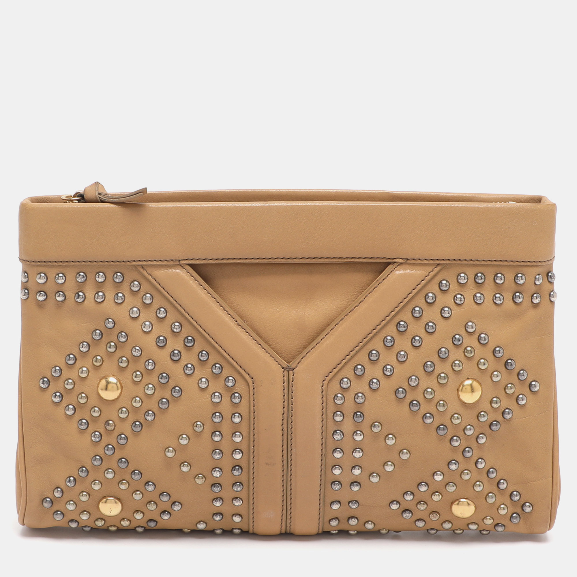 Pre-owned Saint Laurent Beige Leather Studded Clutch In Sand