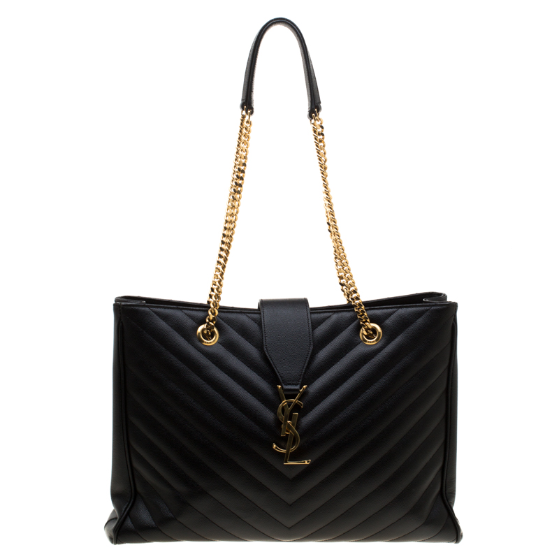 Pre Owned حقيبة يد سان لوران باريس مونوغرامية كلاسيكية جلد شيفرون سوداء