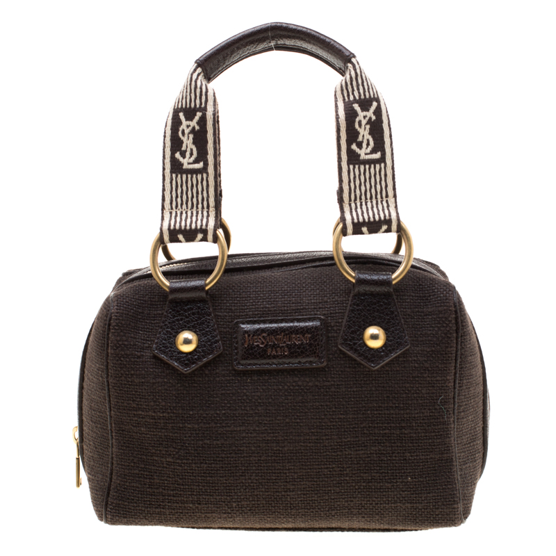 Pre Owned Saint Laurent Brown Canvas and Leather Trim Satchel