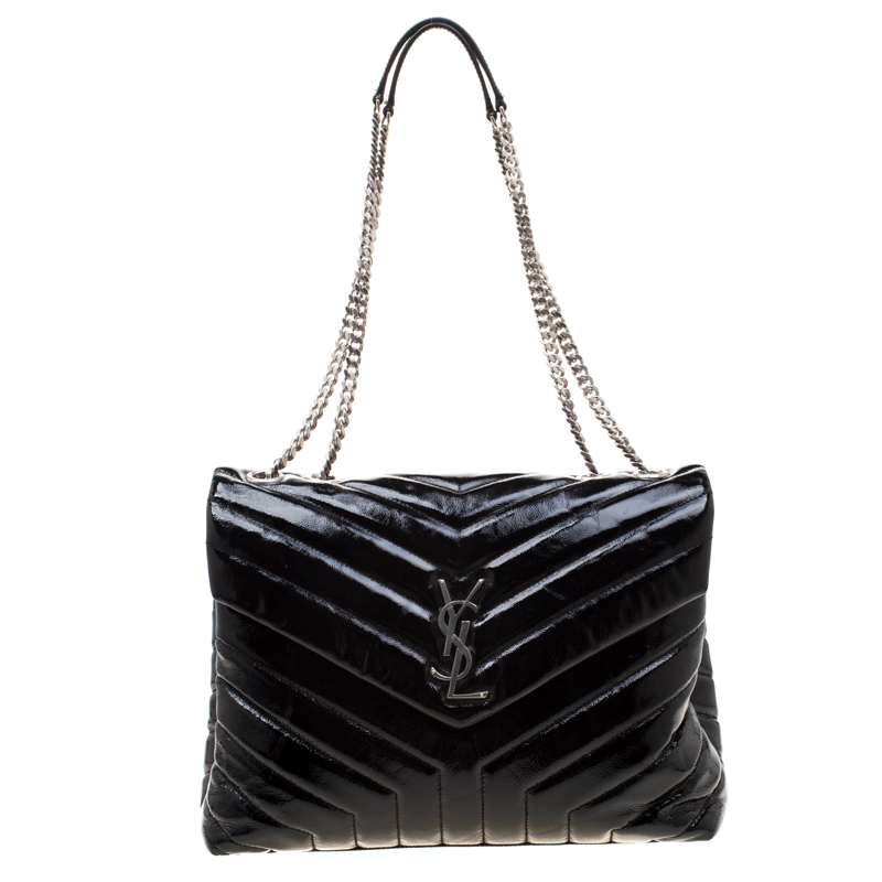 Pre Owned حقيبة كتف سان لوران باريس لولو جلد مونوغرامية سوداء