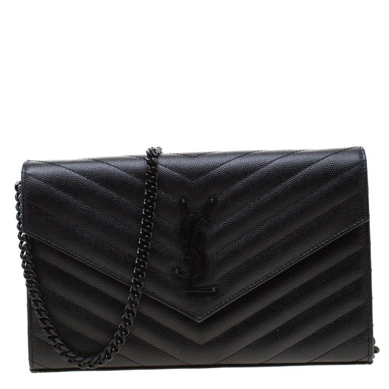 Pre Owned Saint Laurent Paris Black Chevron Leather Wallet on Chain