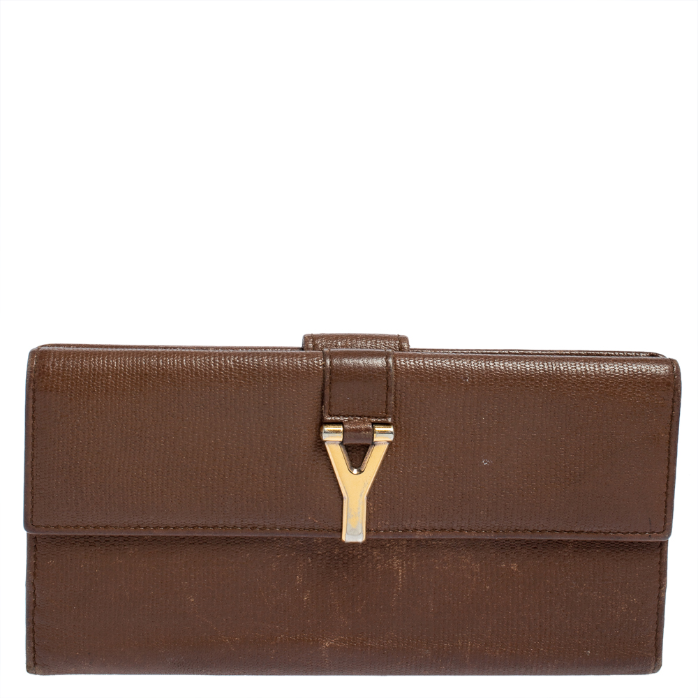 Pre-owned Saint Laurent Brown Leather Y Ligne Flap Continental Wallet