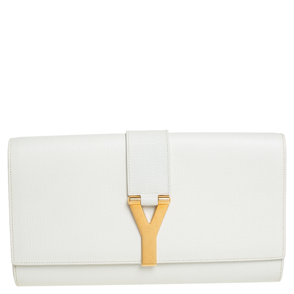Pre-owned Saint Laurent White Leather Y-ligne Clutch