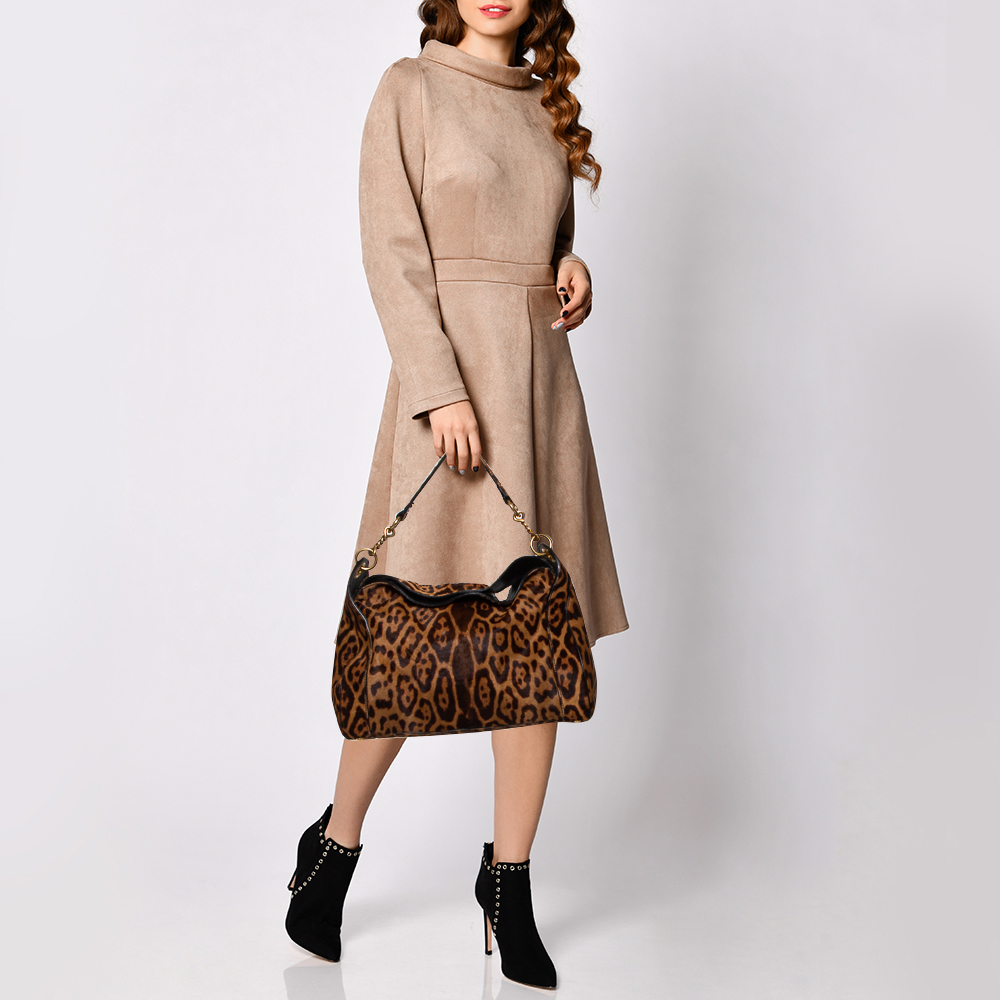 

Yves Saint Laurent Brown Leopard Print Calfhair Chain Hobo