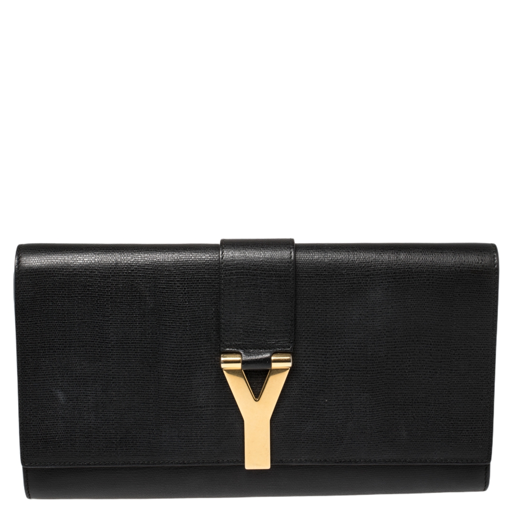 Pre-owned Saint Laurent Black Textured Leather Y-ligne Clutch | ModeSens