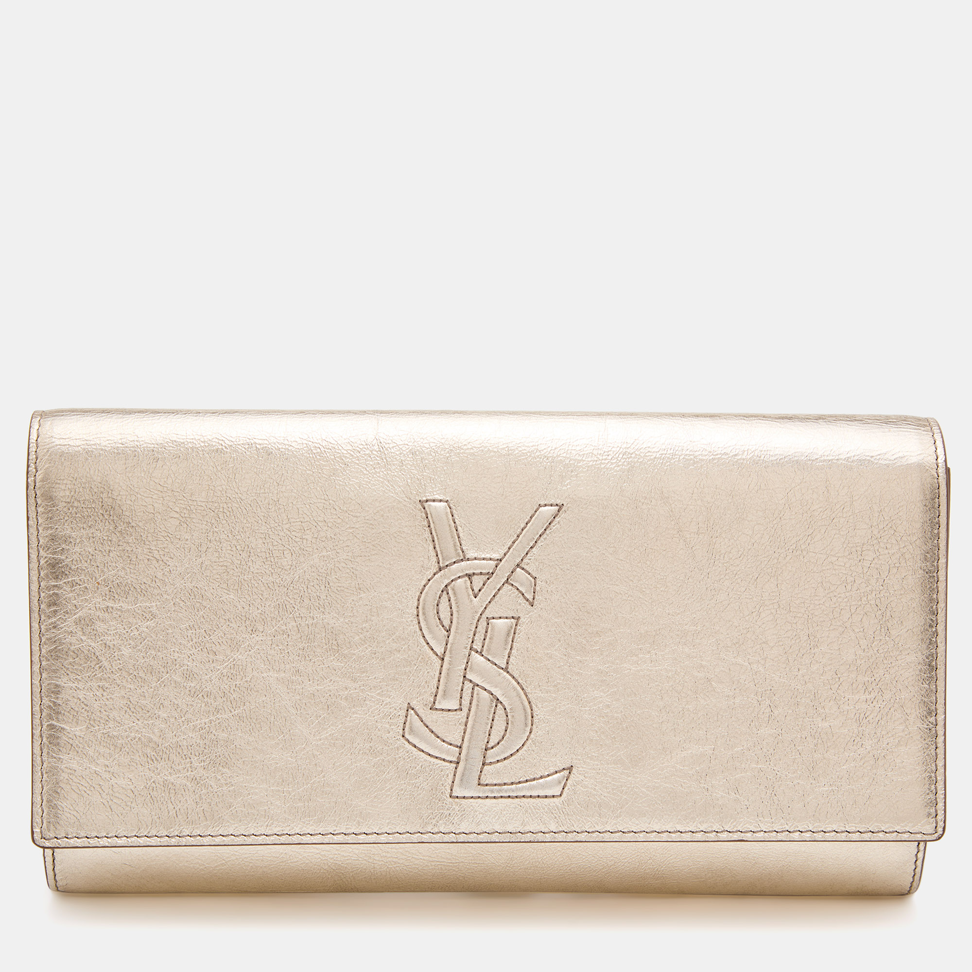 Saint Laurent YSL Belle de Jour Large Metallic Gold Leather Clutch