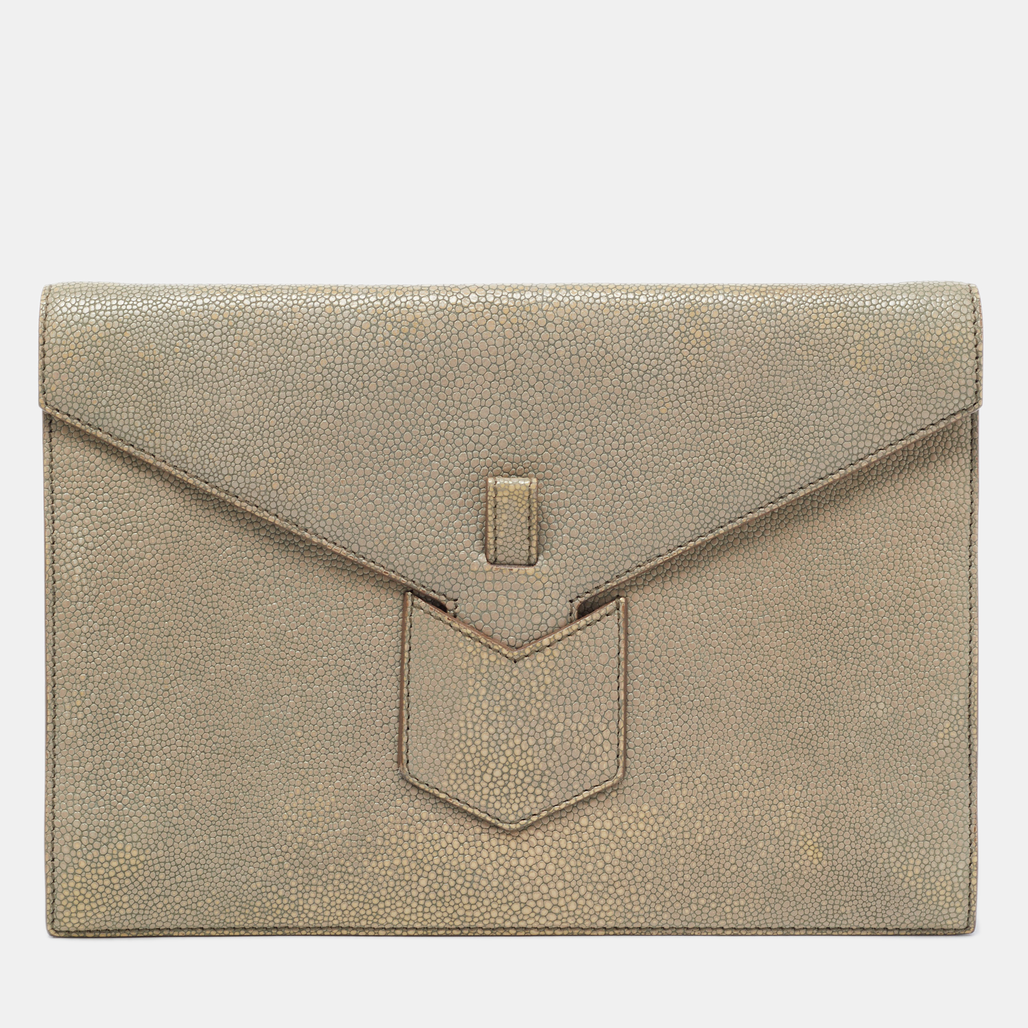 Pre-owned Saint Laurent Khaki Stingray Embossed Leather Envelope Clutch In Green