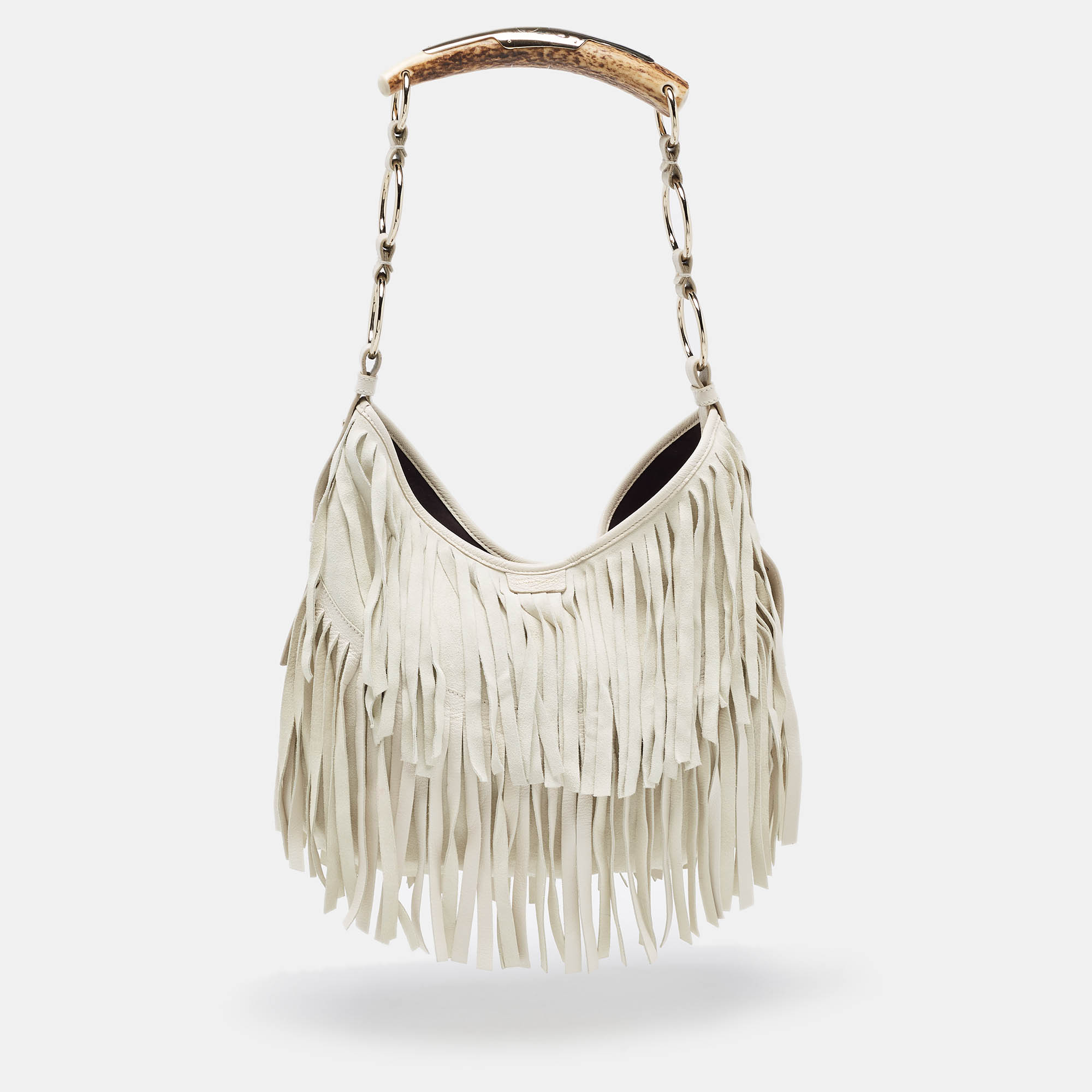Pre Owned Yves Saint Laurent White Suede and Leather Fringe Mombasa Hobo