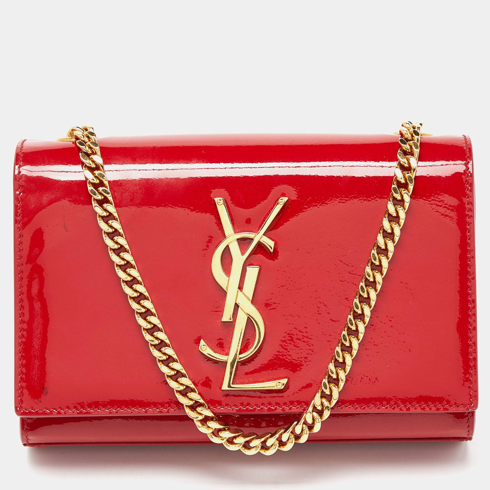 Pre-owned Saint Laurent Red Patent Leather Small Monogram Kate Chain Bag