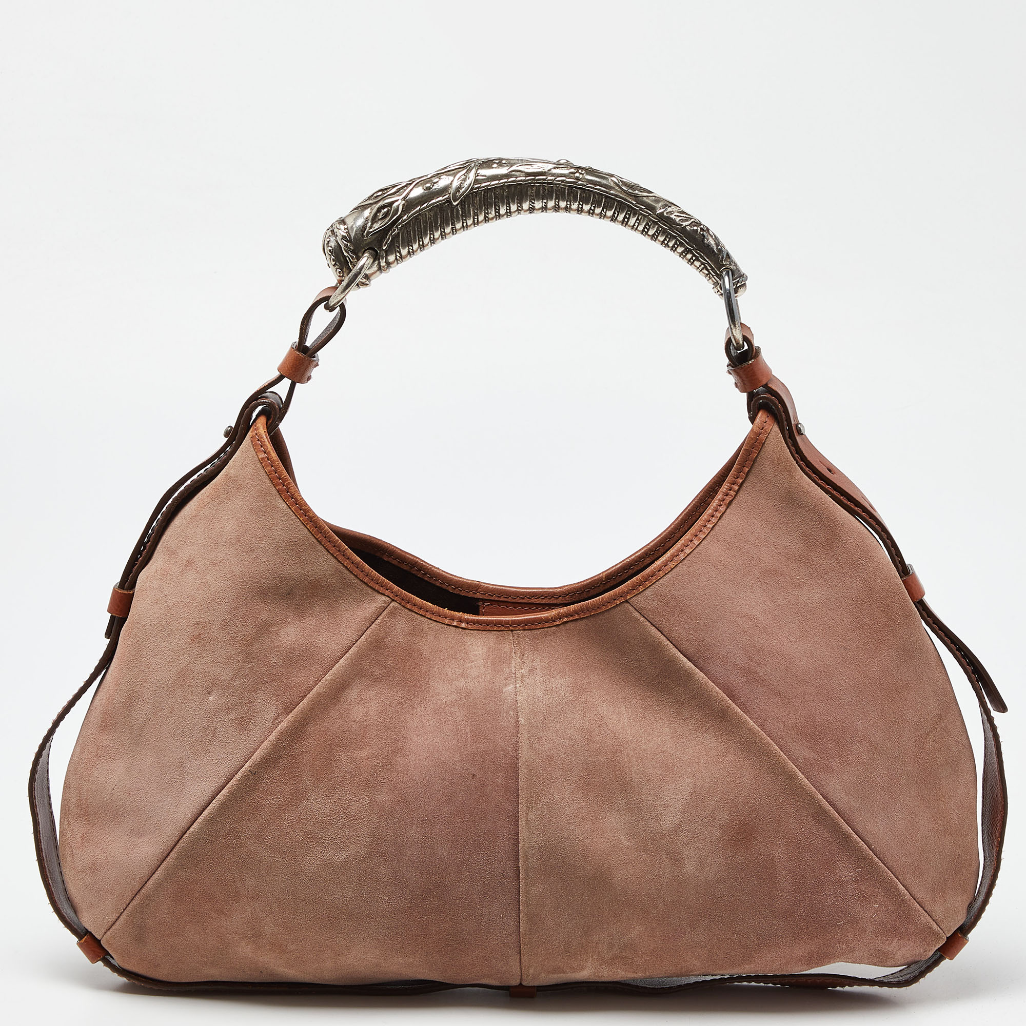 Pre-owned Saint Laurent Old Rose/brown Suede And Leather Mombasa Horn Hobo In Pink